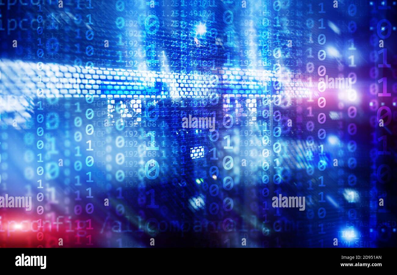 Binary code matrix digital internet technology concept on server room background. Stock Photo