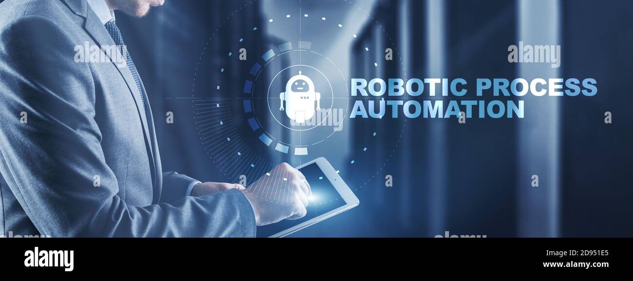 RPA Robotic Process Automation. Technology concept on virtual screen. Ai algorithm analyze Business. Stock Photo