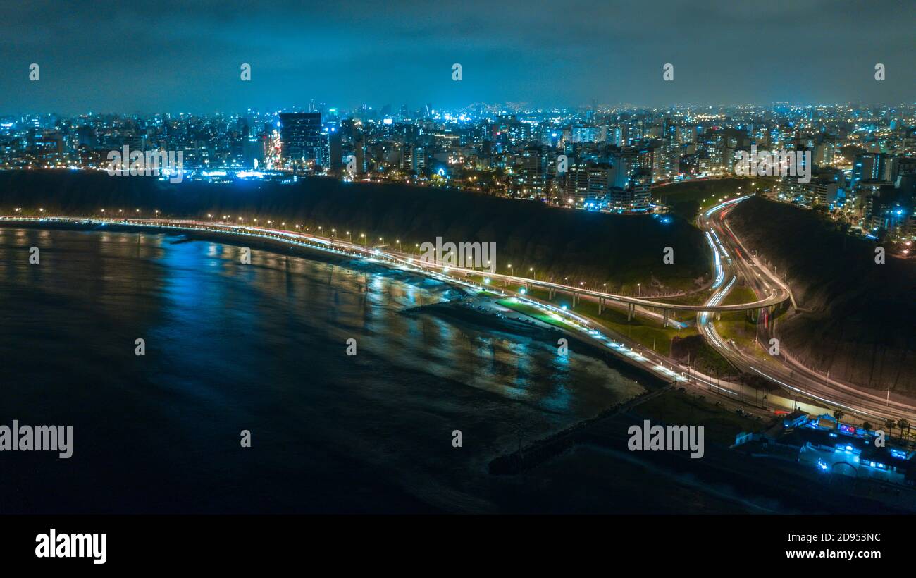 Panoramic Aerial view of Armendariz downhill, Miraflores town and the Costa Verde reef in Lima, Peru. Stock Photo