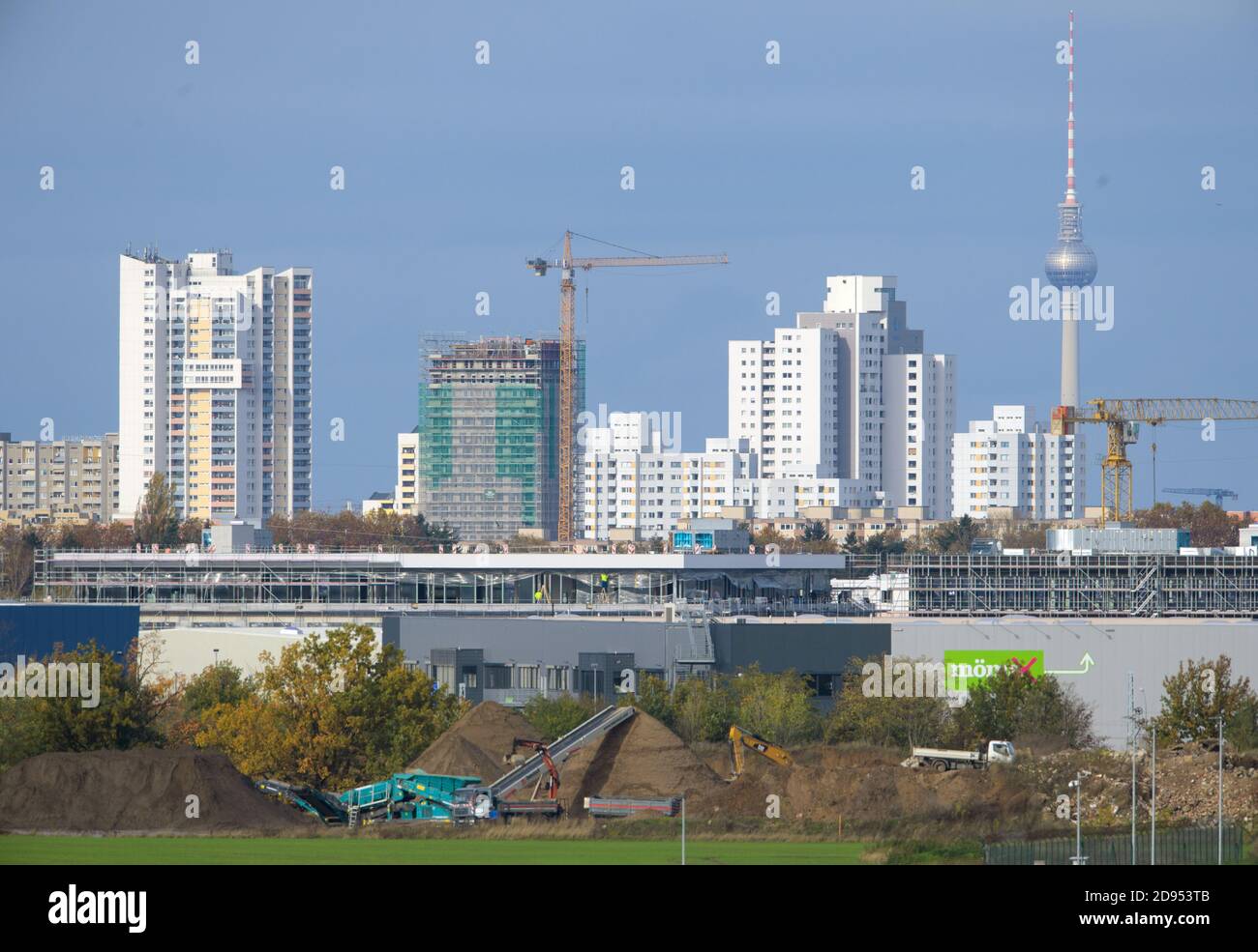 Berlin, Germany. 02nd Nov, 2020. The skyscrapers of Gropiusstadt and the television tower at Alexanderplatz are the skyline that can be seen from Berlin Brandenburg Airport. Credit: Soeren Stache/dpa-Zentralbild/ZB/dpa/Alamy Live News Stock Photo