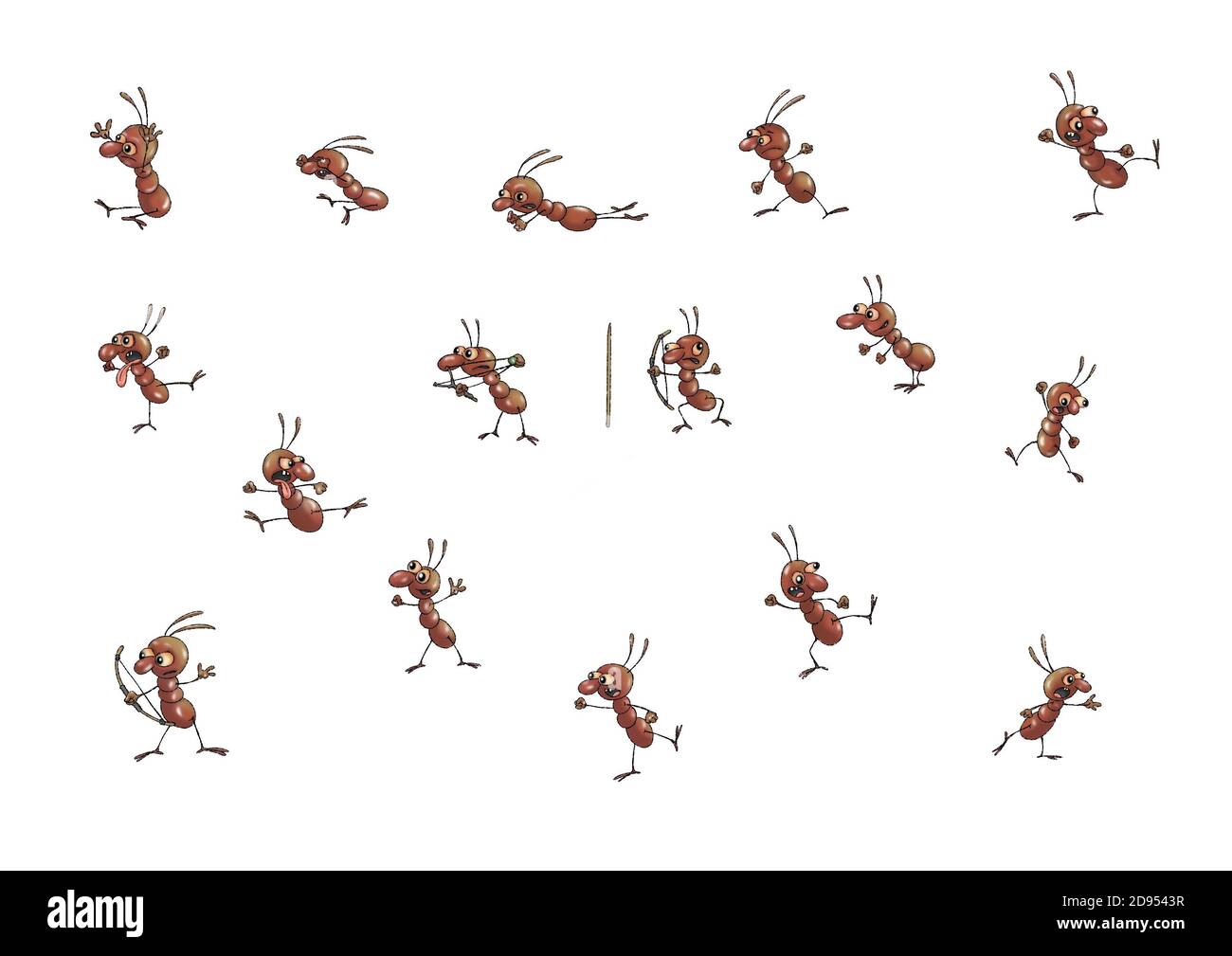 A set of cartoon ants in different situations and poses. Illustration on white background.. Stock Photo