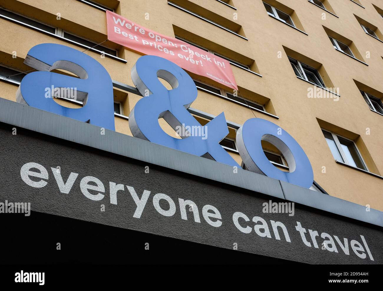 Berlin, Germany. 02nd Nov, 2020. The lettering of the hotel and hostel chain 'a&o' with the motto 'everyone can travel' on the building in the Köpenicker Straße The combination of hotel and hostel under one roof allows a room to suit the travel budget. The variety of rooms in the hotel area includes single, double and family rooms. The hostel rooms are equipped with several bunk beds. Credit: Jens Kalaene/dpa-Zentralbild/ZB/dpa/Alamy Live News Stock Photo