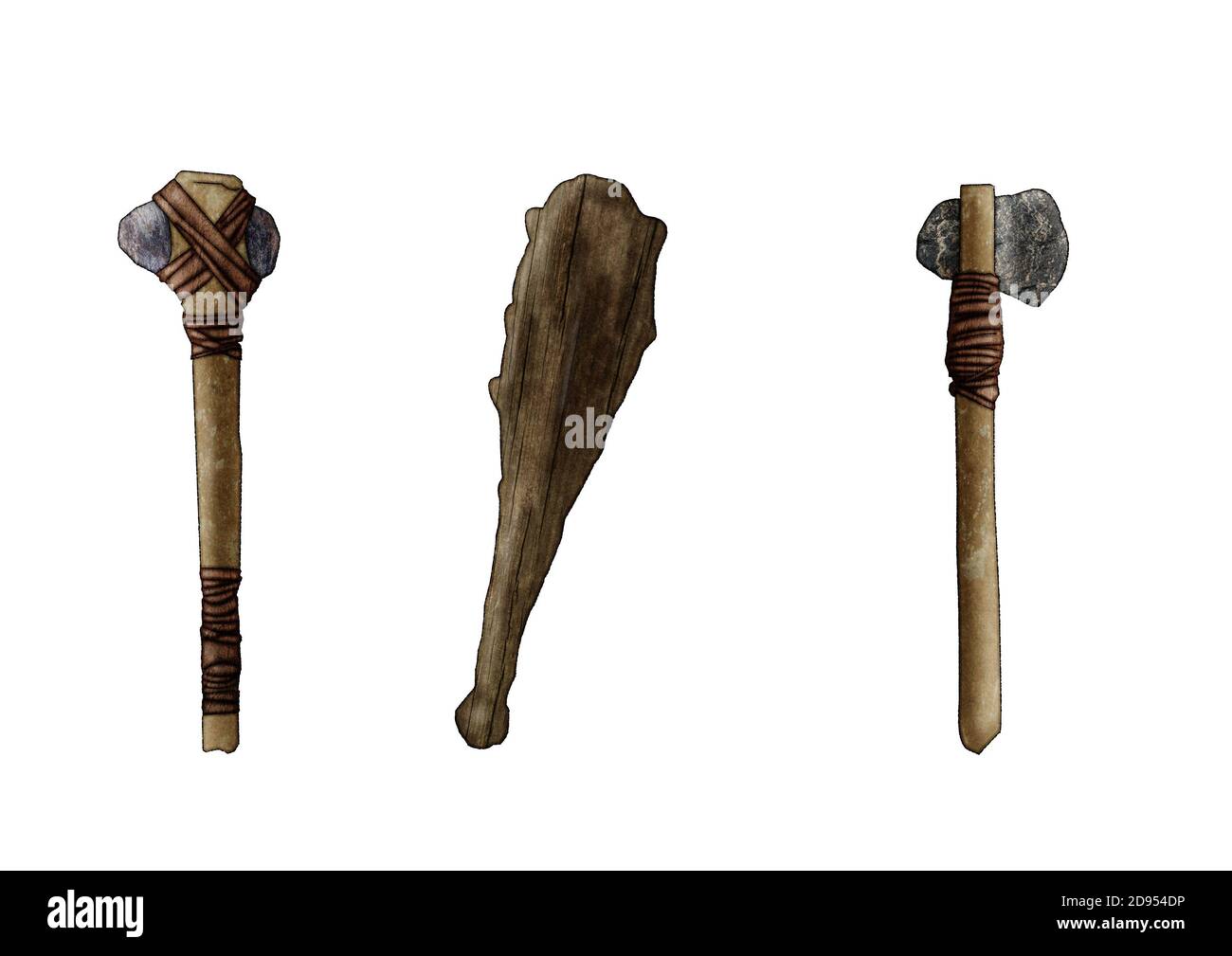 set of Prehistoric weapons. Club, ax, hammer. illustration on white  background Stock Photo - Alamy