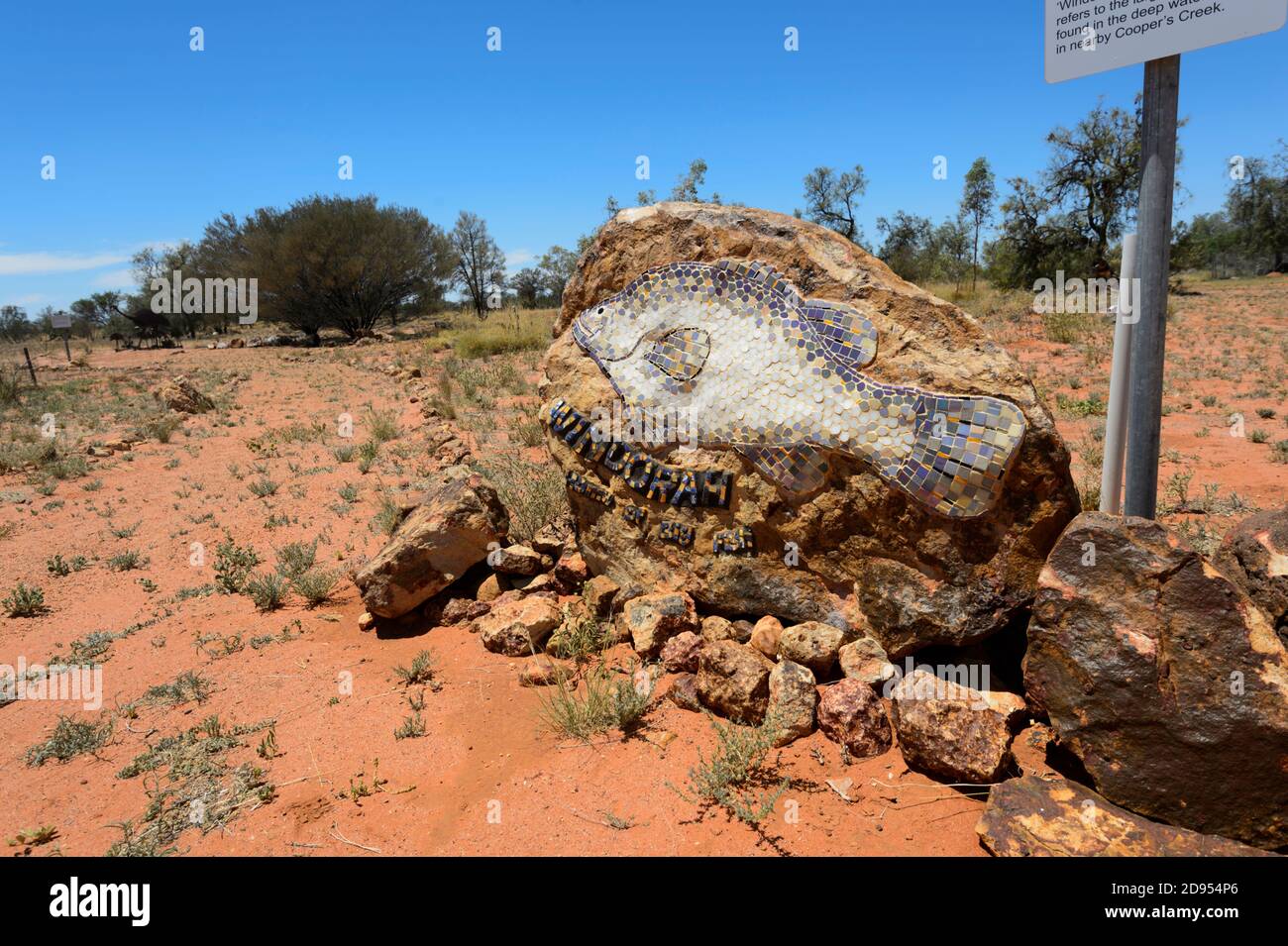 Large mosaic fish representing a Yellowbelly fish by local artist Margaret Stevenson, Windorah, a sleepy remote Outback town, Queensland, QLD, Austral Stock Photo