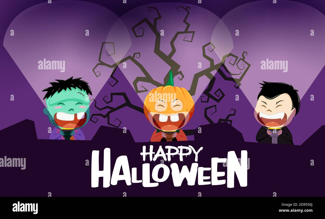 Halloween kids party vector background design. Happy halloween text with cute scary kid characters like pumpkin, zombie and vampire holding flashlight. Stock Vector