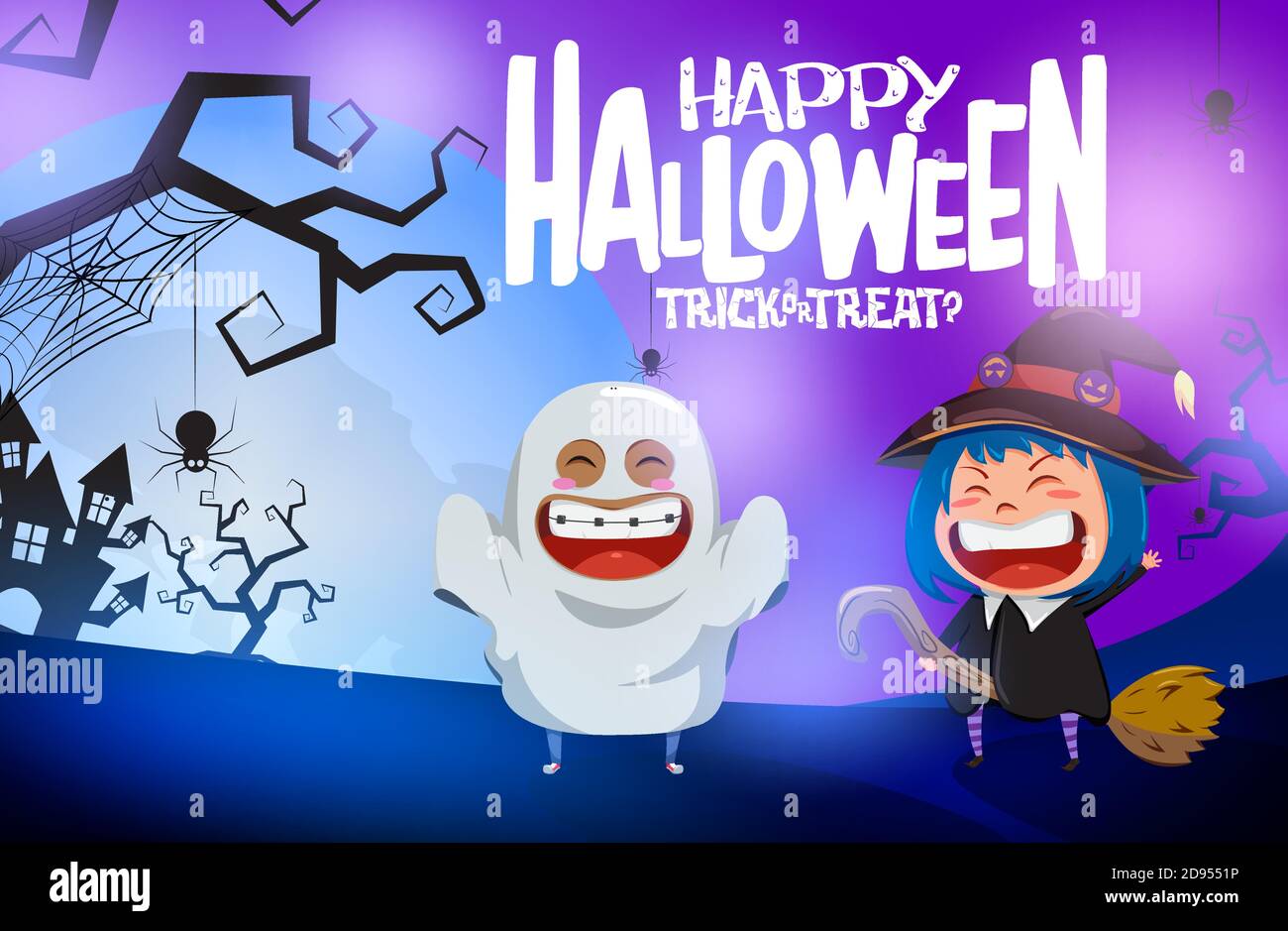 Halloween kids party vector background design. Happy halloween text with horror kid characters in ghost and witch in hunted castle yard background. Stock Vector
