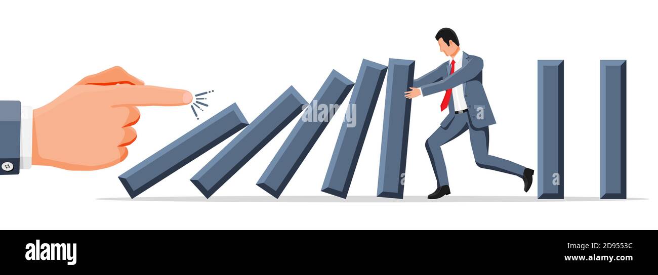 Businessman stopping domino effect. Business man stops falling dominoes.  Finishing chain reaction. Successful intervention, solution. Cartoon flat  vector illustration Stock Vector Image & Art - Alamy