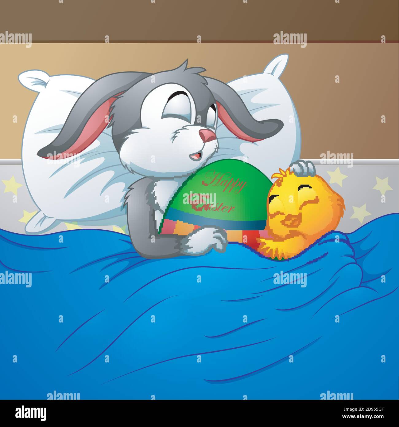Easter rabbit and chicken easter sleeping together in bed with easter egg Stock Vector