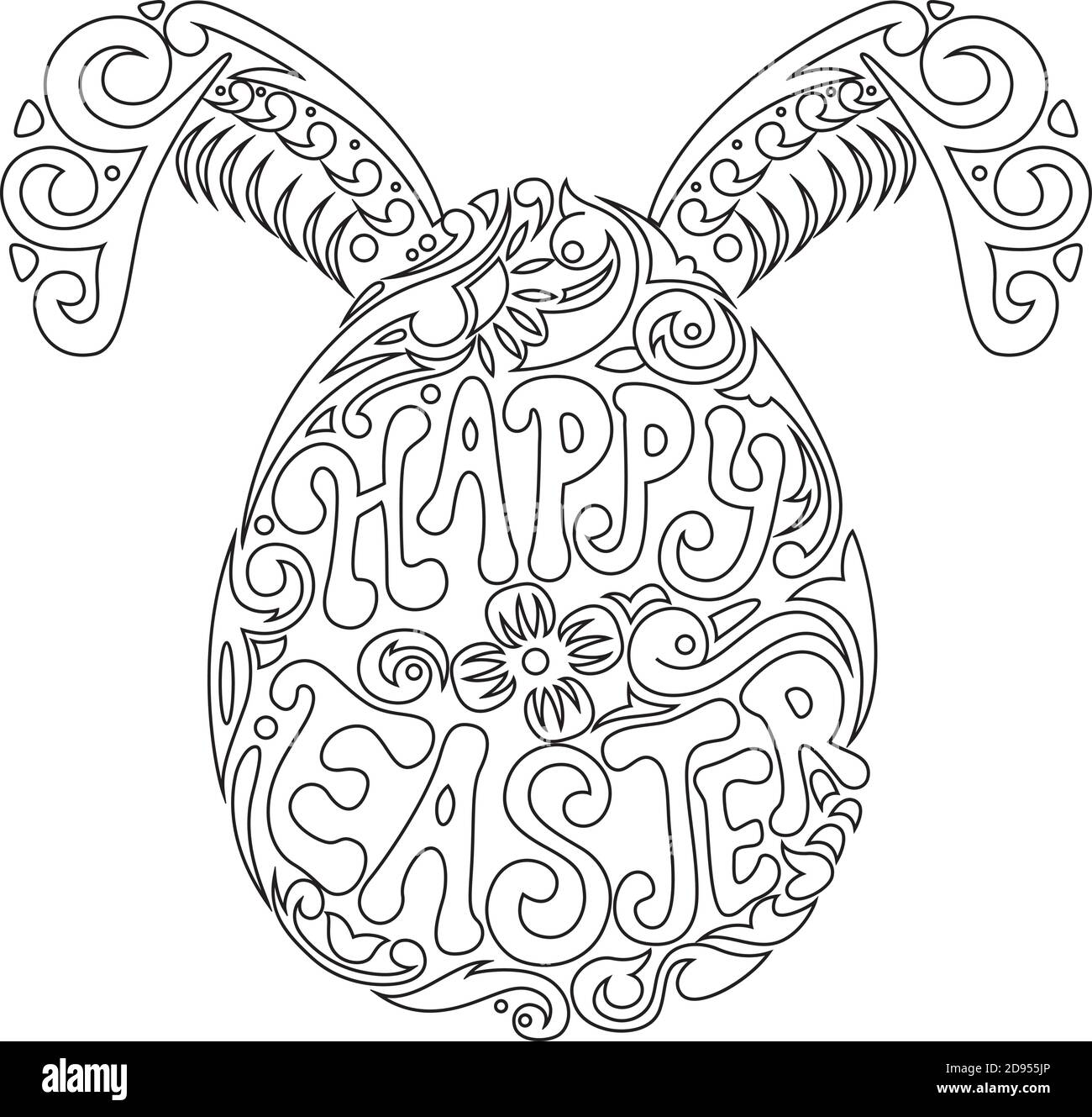 Hand drawn easter egg and bunny ears for adult coloring page in ...