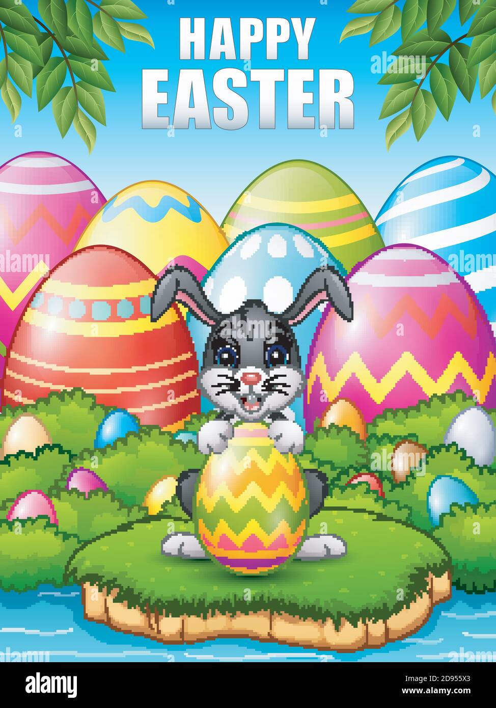 Vector illustration of Cartoon bunny holding easter eggs in the woods ...
