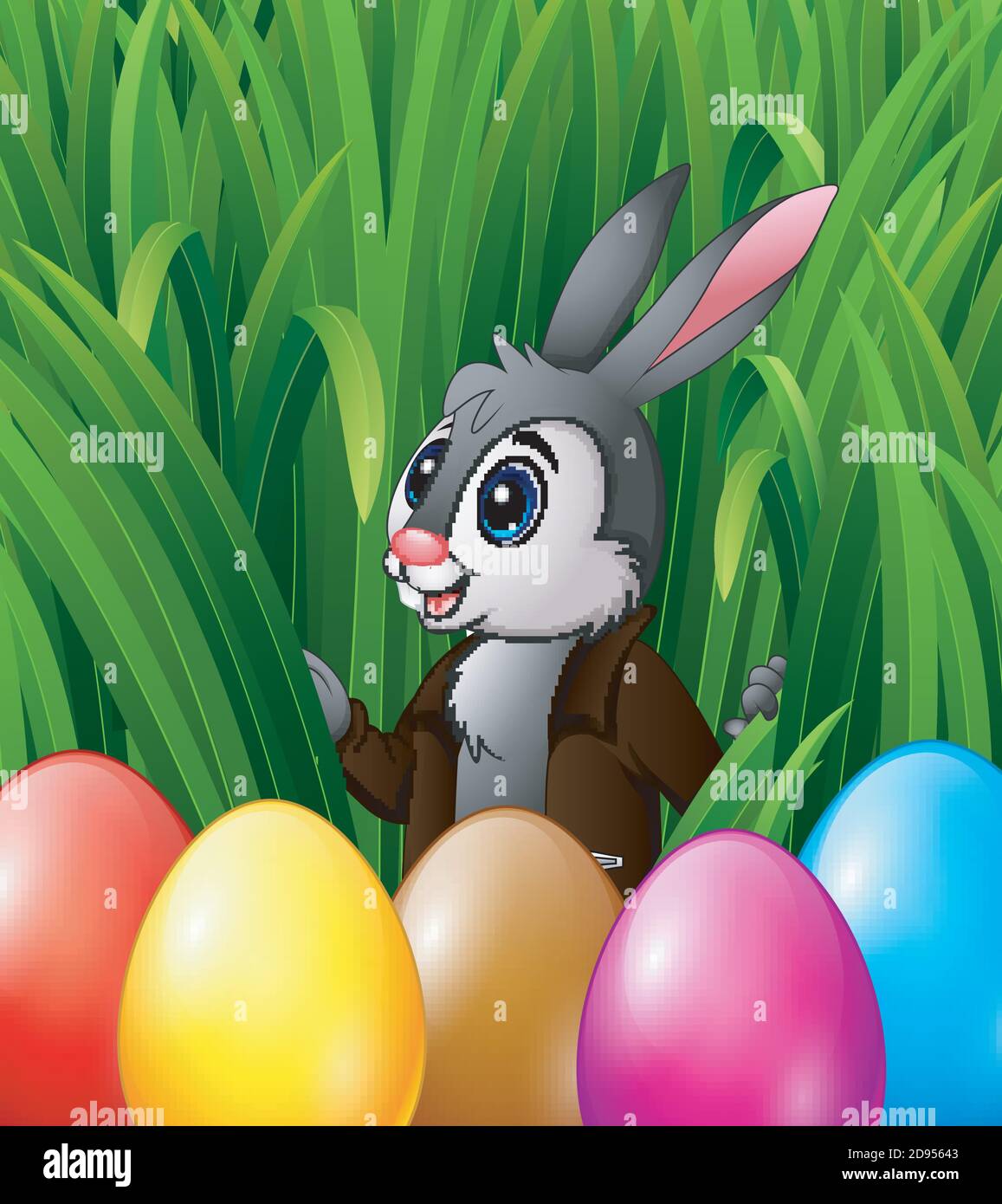 Vector illustration of Easter bunny and colorful eggs in the grass ...