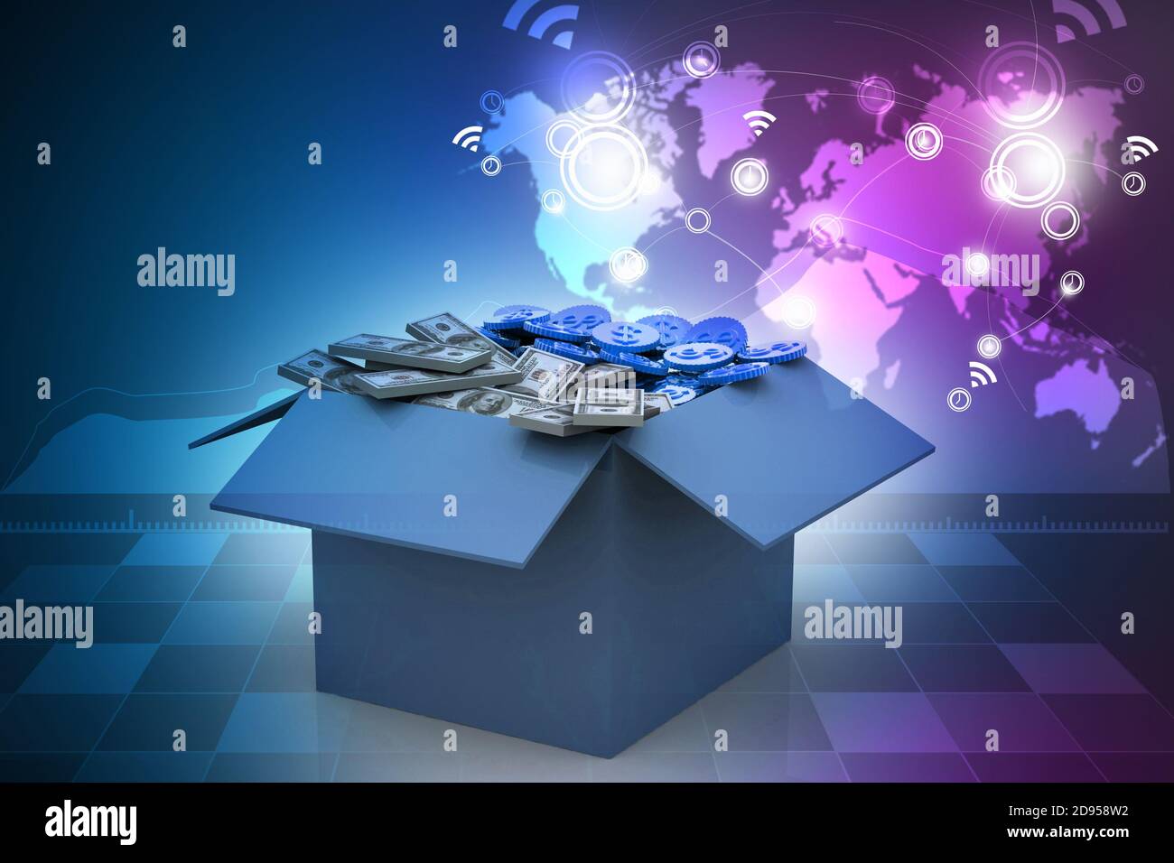 Open Cardboard box with money Stock Photo