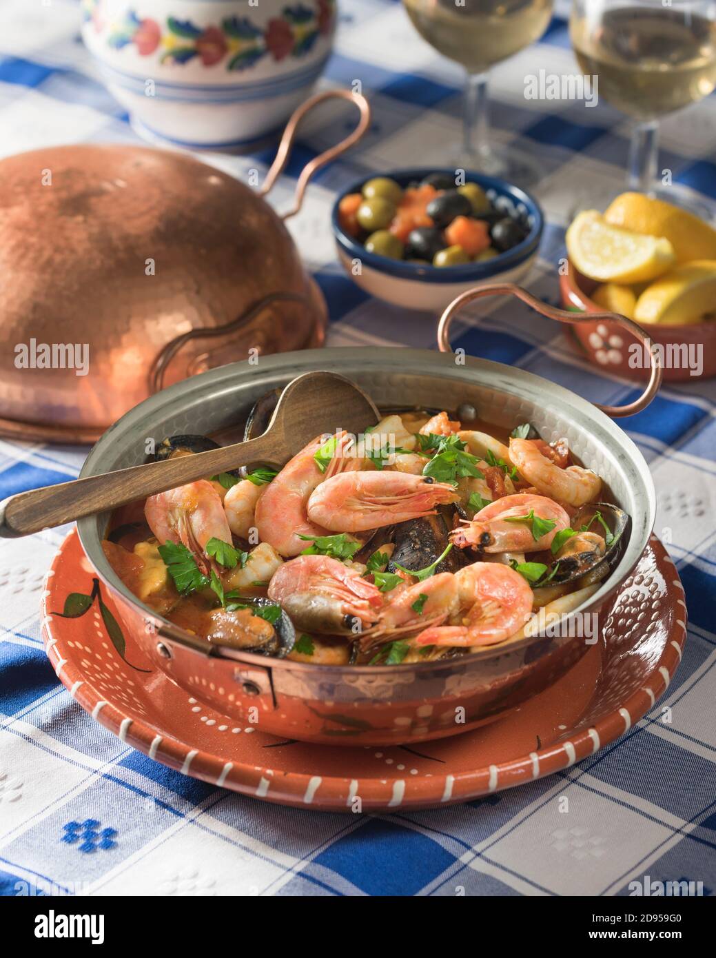 Cataplana de mariscos. Seafood casserole. Food Portugal Stock Photo