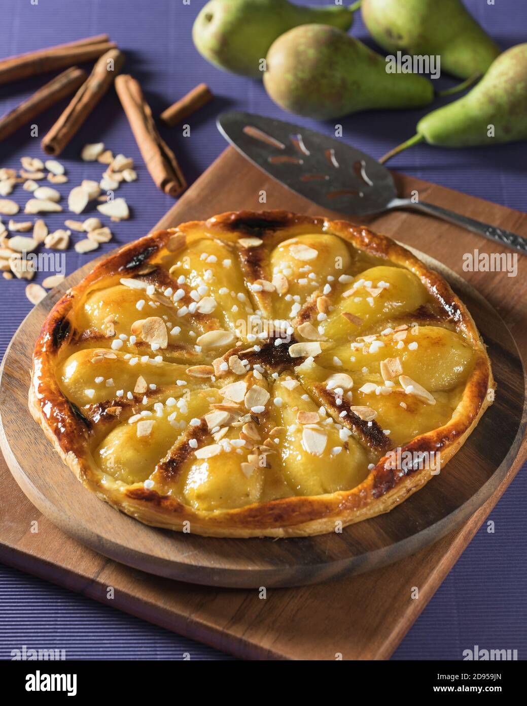 Pear and almond tart. Tarte aux poires amandine. Food France Stock Photo