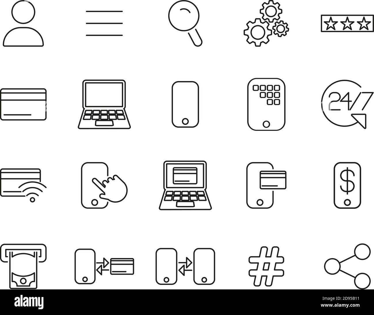 Mobile Banking Icons Black & White Thin Line Set Big Stock Vector