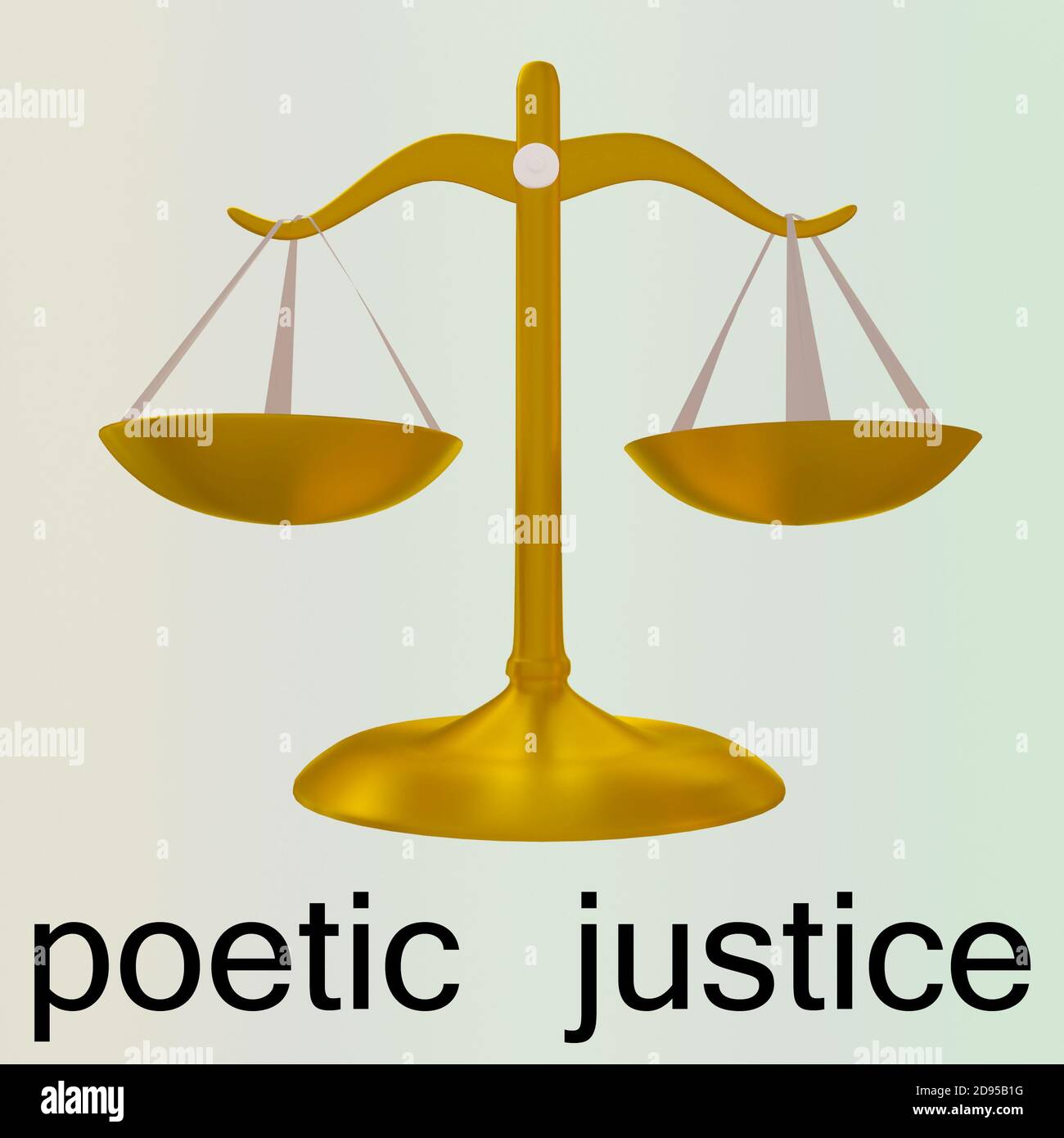 3D illustration of scales  and the words poetic justice at the bottom, isolated over pale colored background. Stock Photo