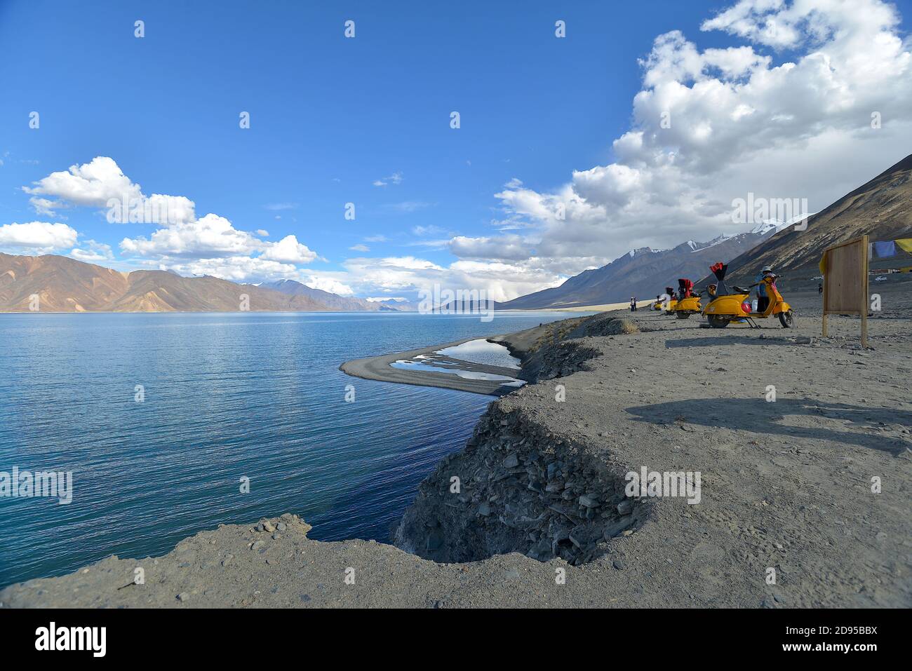 Pangong Lake in summer. Located in the Changthang region, eastern Ladakh, it is one of the world's highest saltwater lakes, at an elevation of 4,350m Stock Photo