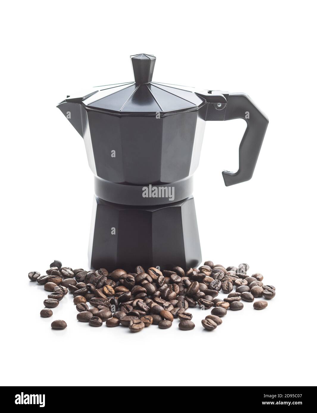 Coffee beans and bialetti coffee maker. Moka pot isolated on white