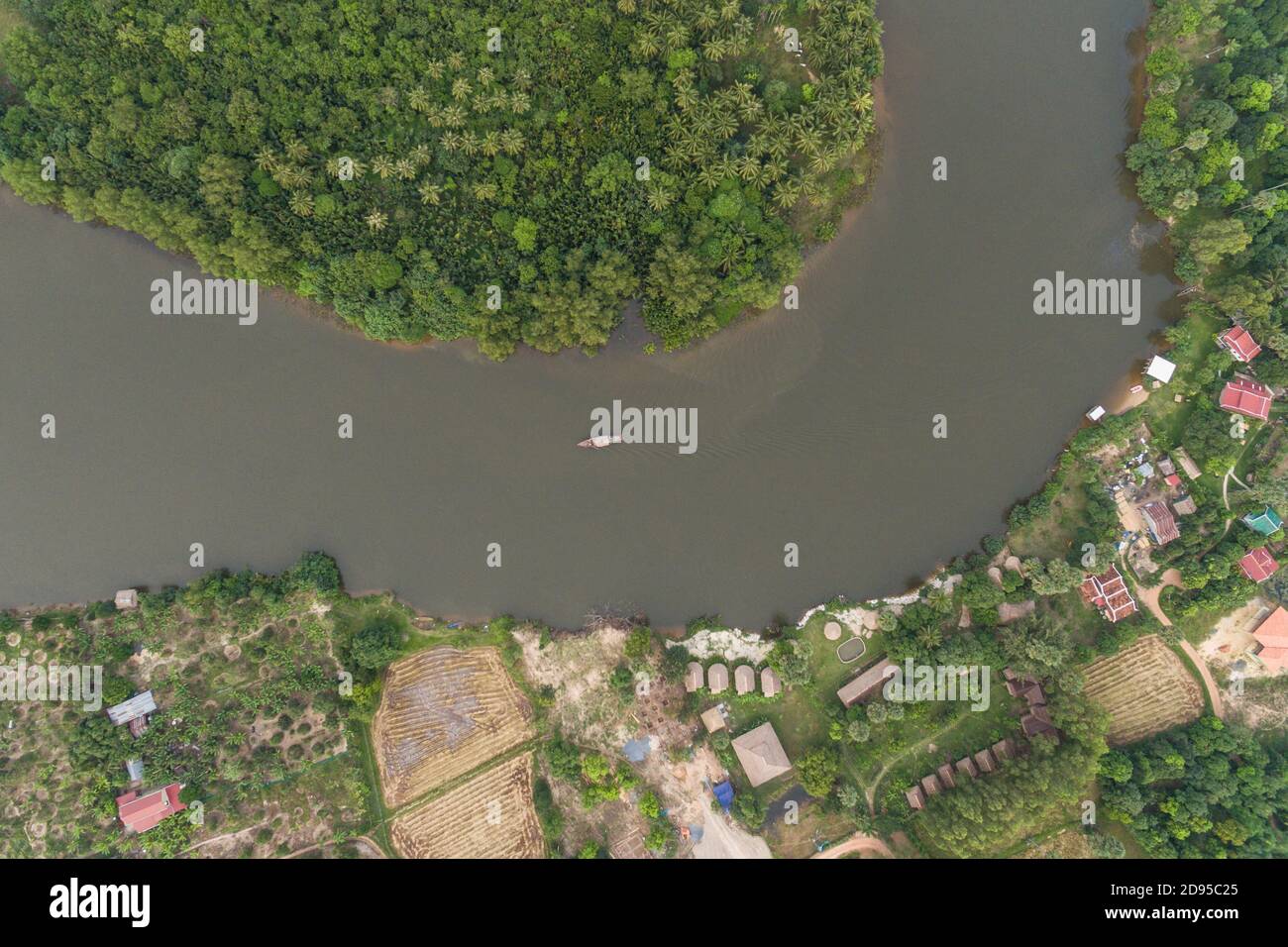 Krong Kampot landscape, Praek Tuek Chhu River, Elephant Mountains in Kampot Cambodia Asia Aerial Drone Photo view Stock Photo