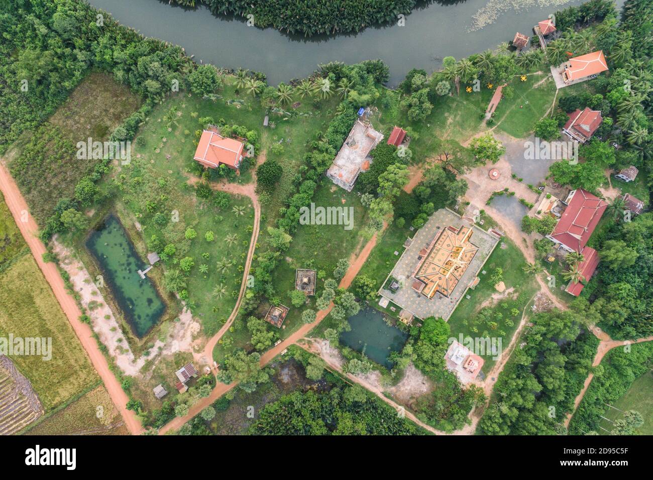 Krong Kampot Toek Vil Pagoda Stupa in Cambodia Asia Aerial Drone Photo view Stock Photo