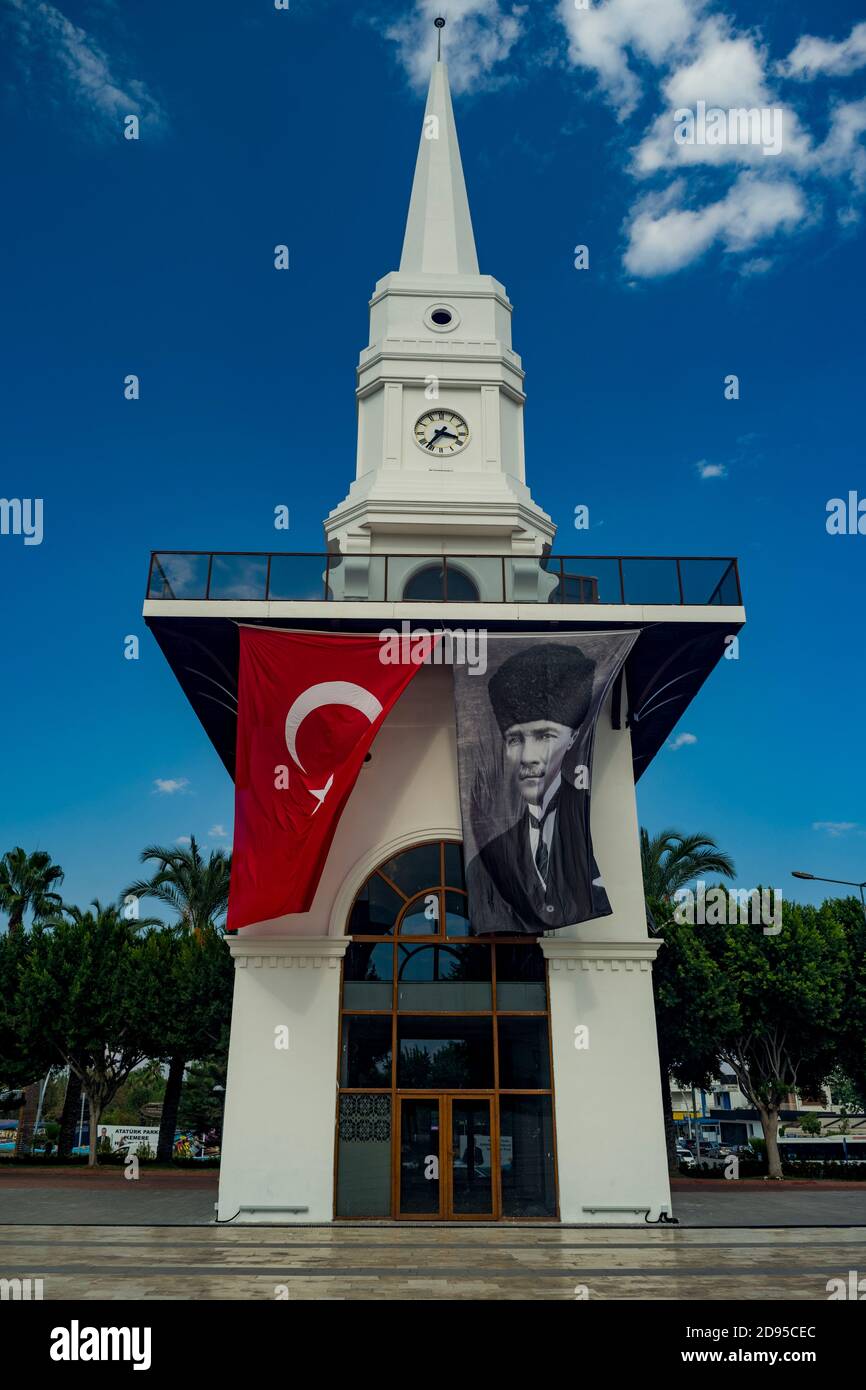 Kemer, Turkey-October 20, 2020: The clock tower in Kemer on Kemal Ataturk square. Sunny summer day. Stock Photo