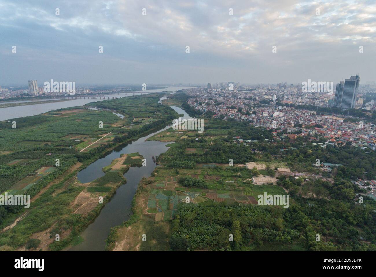 Hanoi City on Red River Delta in Vietnam Aerial Drone Photo view Stock Photo