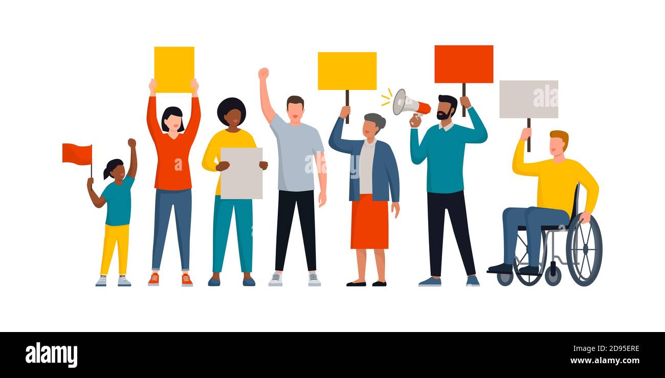 Group of diverse people holding signs and protesting together, social movements and rights concept Stock Vector