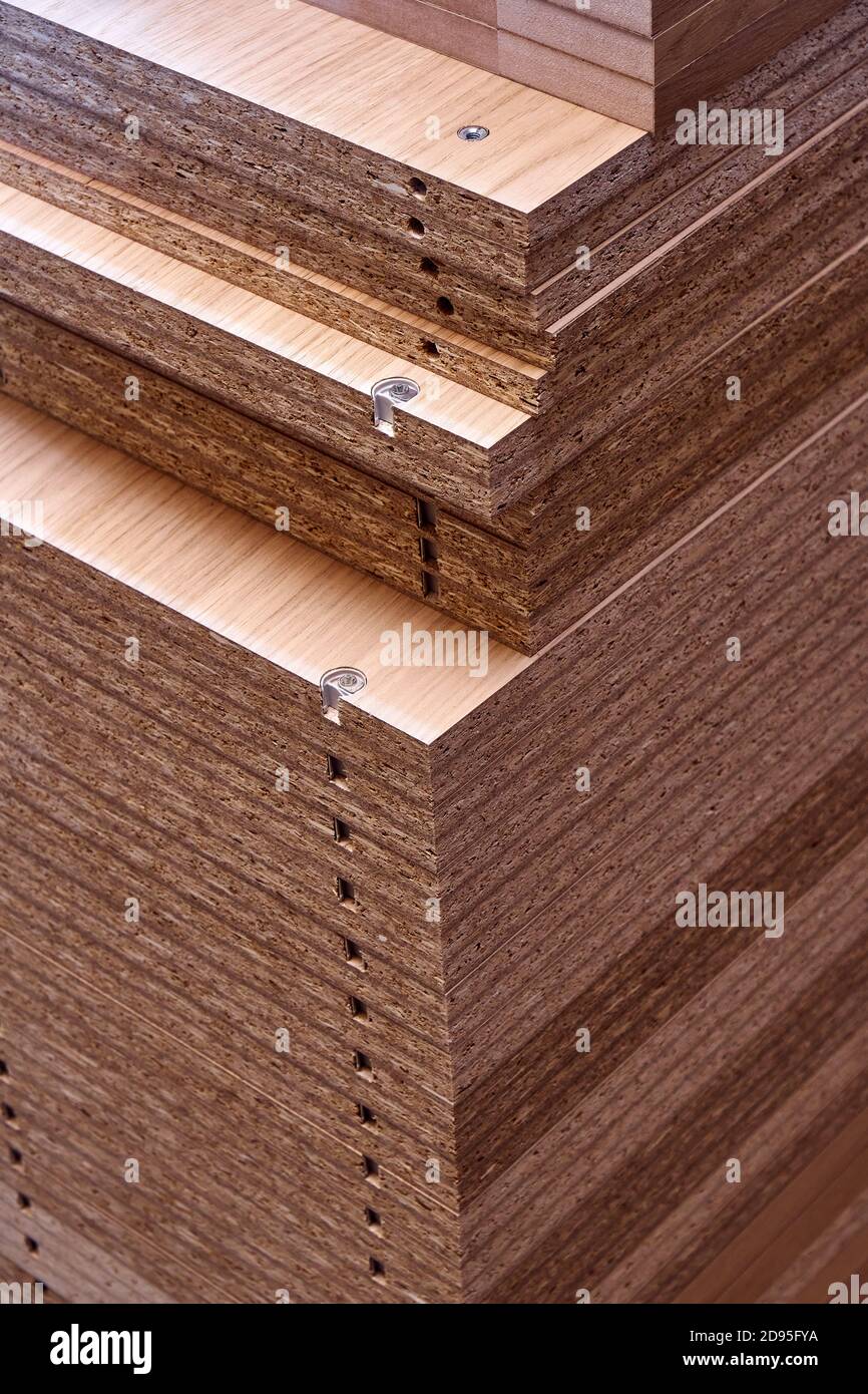 Stacked shelves. Veneer chipboard shelves with integrated shelf