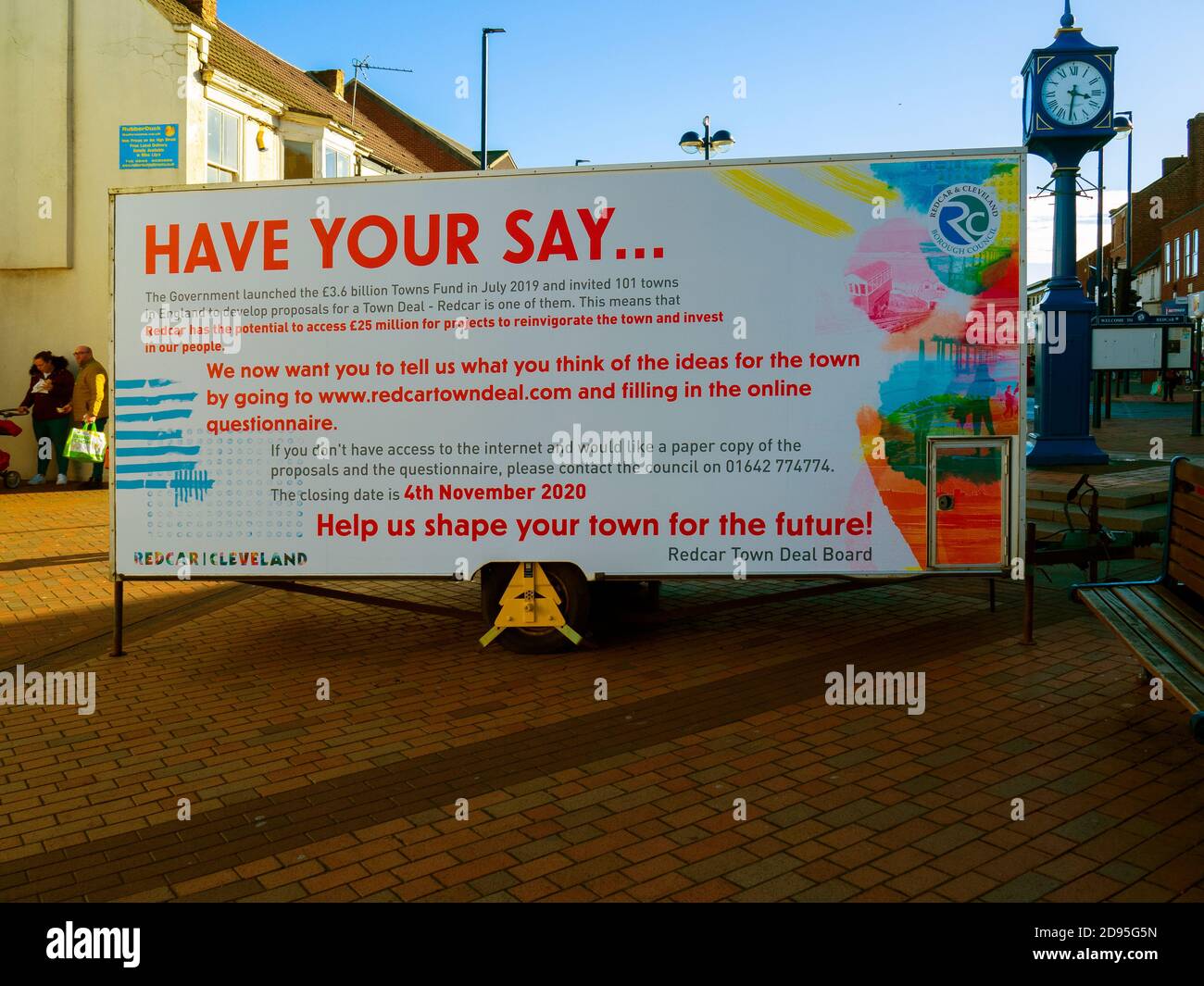 Have your say a van offering the people of Redcar to have a say in how a Government town fund to be used to improve the borough Stock Photo