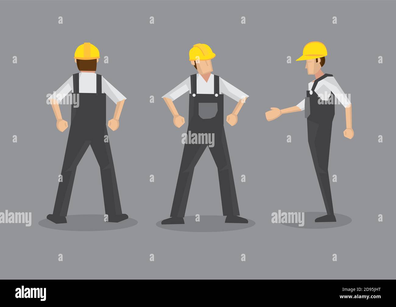 Vector illustration of a tradesman in construction industry. Full body front, profile and back views isolated on grey background. Stock Vector
