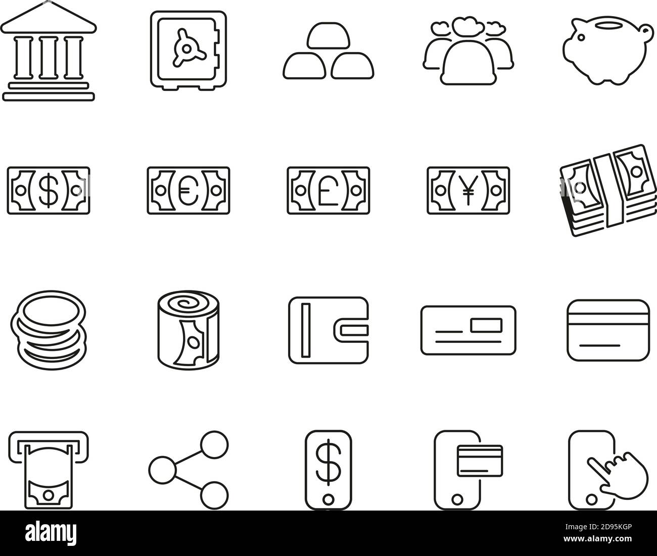 Money Or Currency Icons Black & White Thin Line Set Big Stock Vector ...