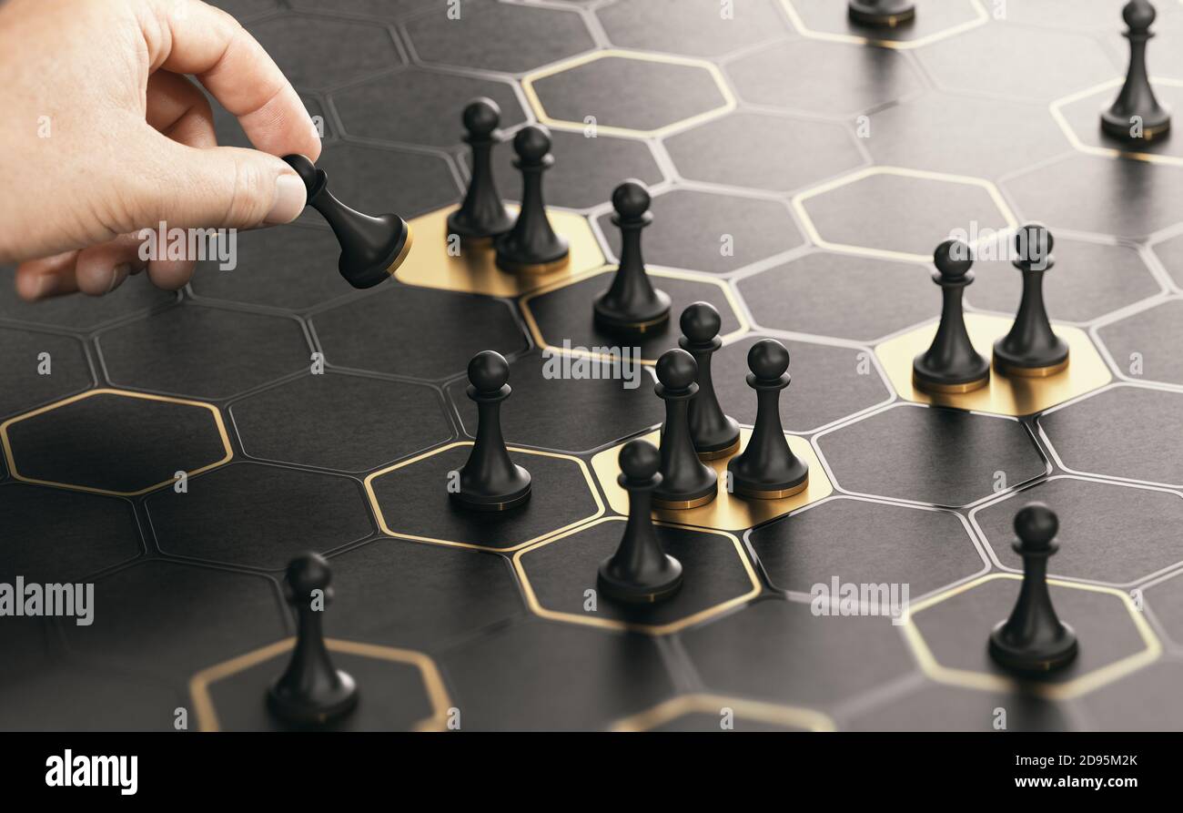 Conceptual board game with hexagonal shapes and a hand moving pawns. Black and golden background. Concept of market positioning or business strategy. Stock Photo