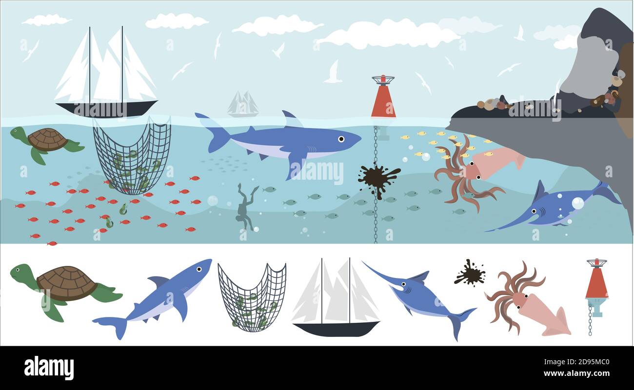 A set of flat sea animals. Marine life, animals, plants, sunken objects, ship, anchor, calligraphy. Designer set of cartoon vector illustrations on a white background. Design for books, web, children, banner, training A set of flat sea animals. Marine life, animals, plants, sunken objects, ship, anchor, calligraphy. Designer set of cartoon vector illustrations on a white background. Design for books, web, children, banner, training