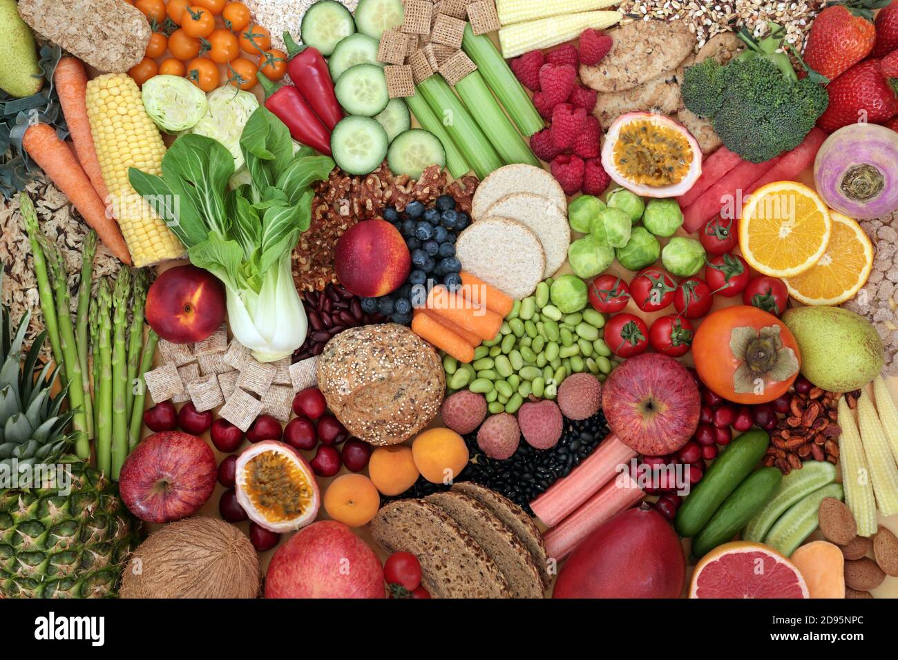 Low cholesterol high fibre food with fruit, vegetables, grain products, cereals, legumes & nuts. High in anthocyanins, antioxidants, omega 3, protein. Stock Photo