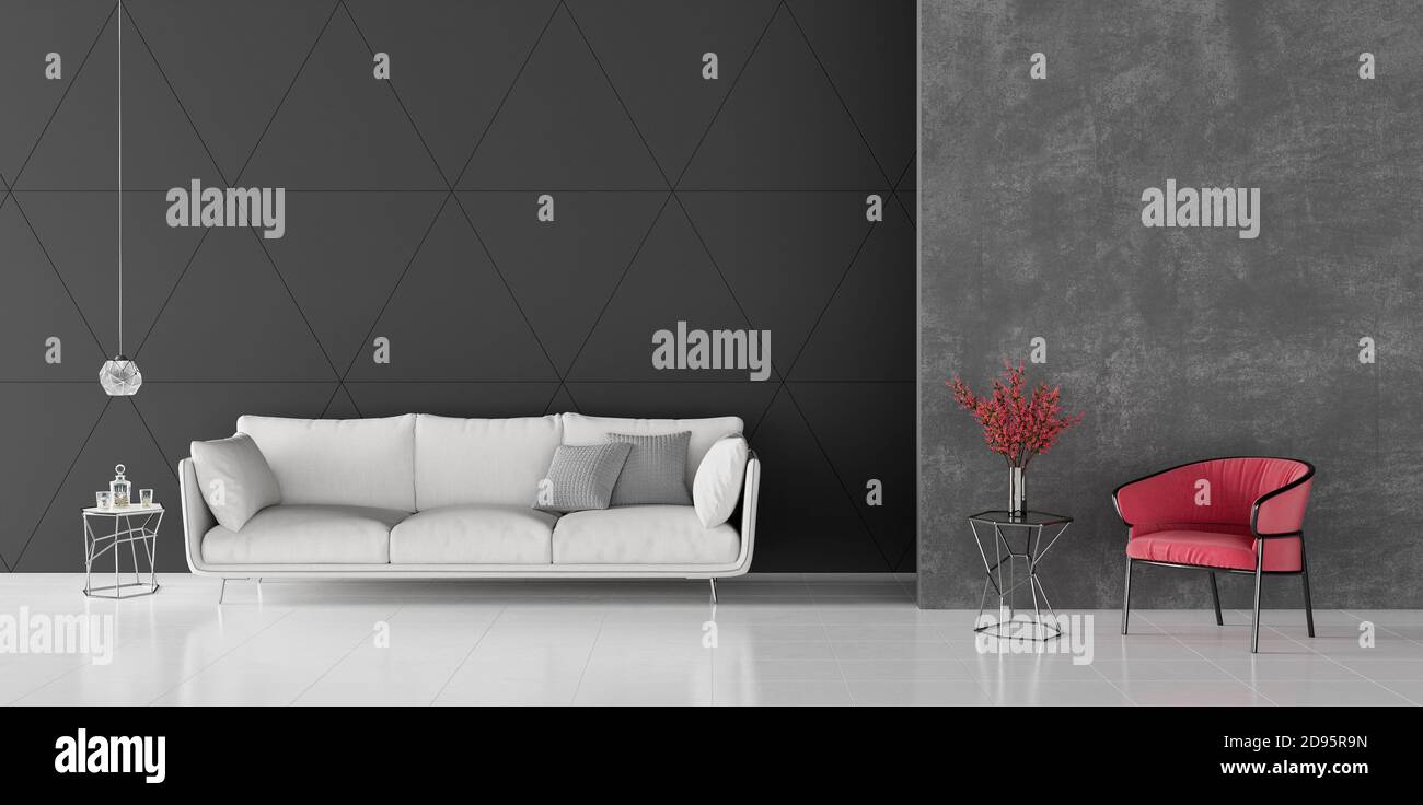 Image showcasing Modern Concept interior design of black and grey living room, 3d render ...