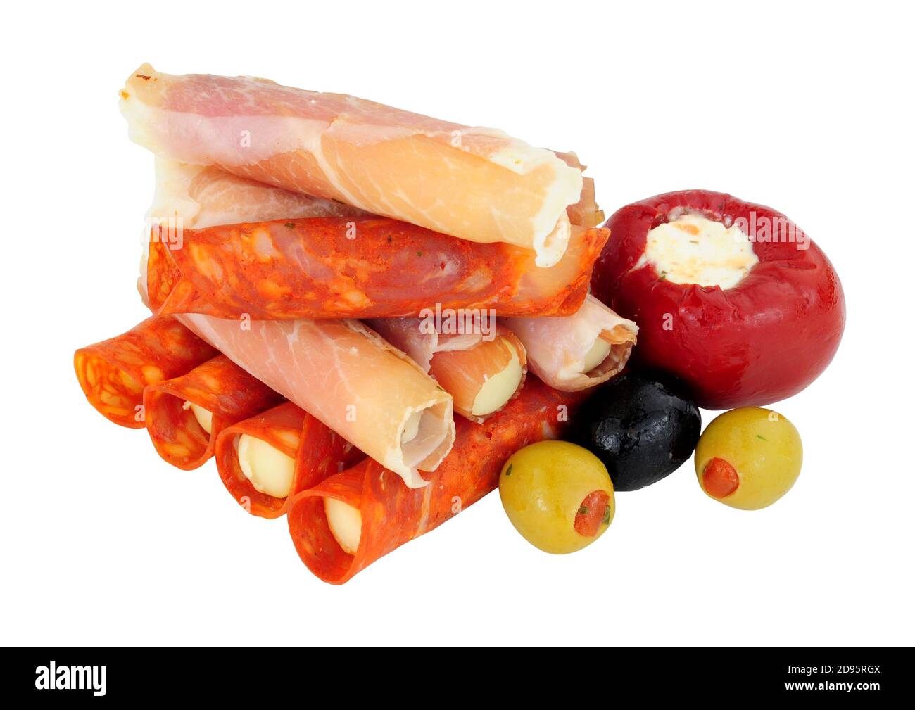Group of Serrano ham and chorizo rollitos filled with Gouda and Iberico  cheese isolated on a white background Stock Photo - Alamy