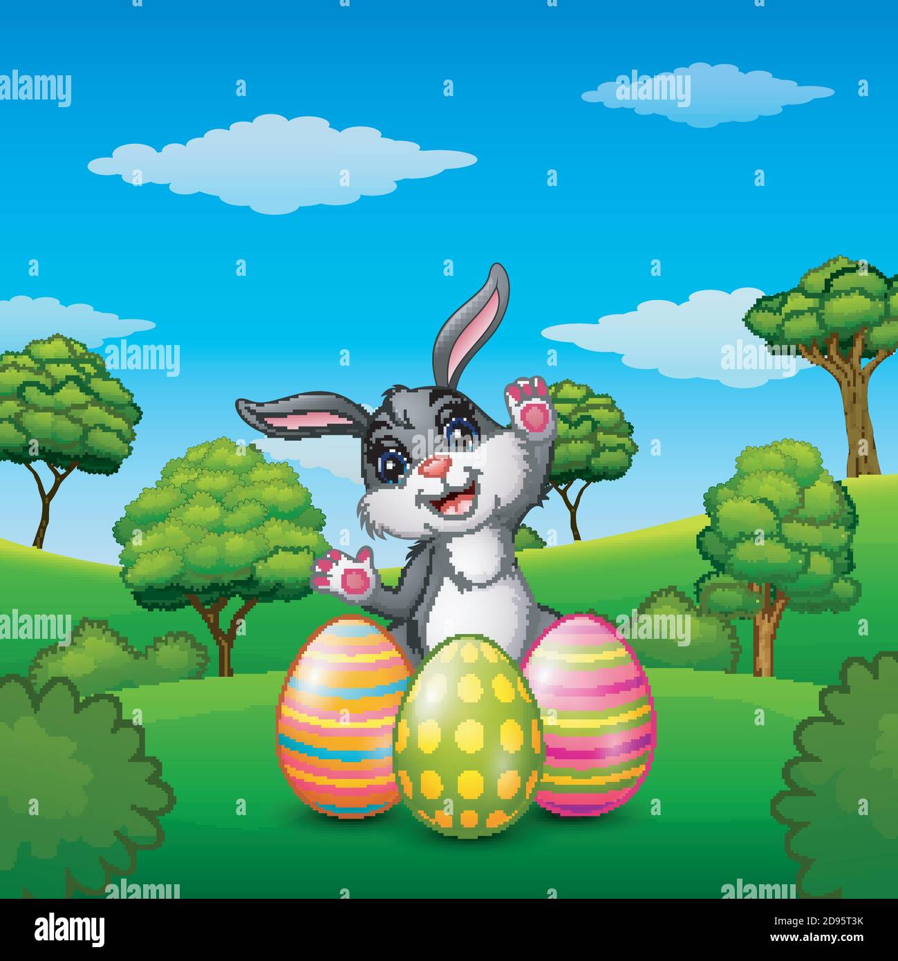 Vector illustration of Happy rabbit cartoon with easter eggs in the ...