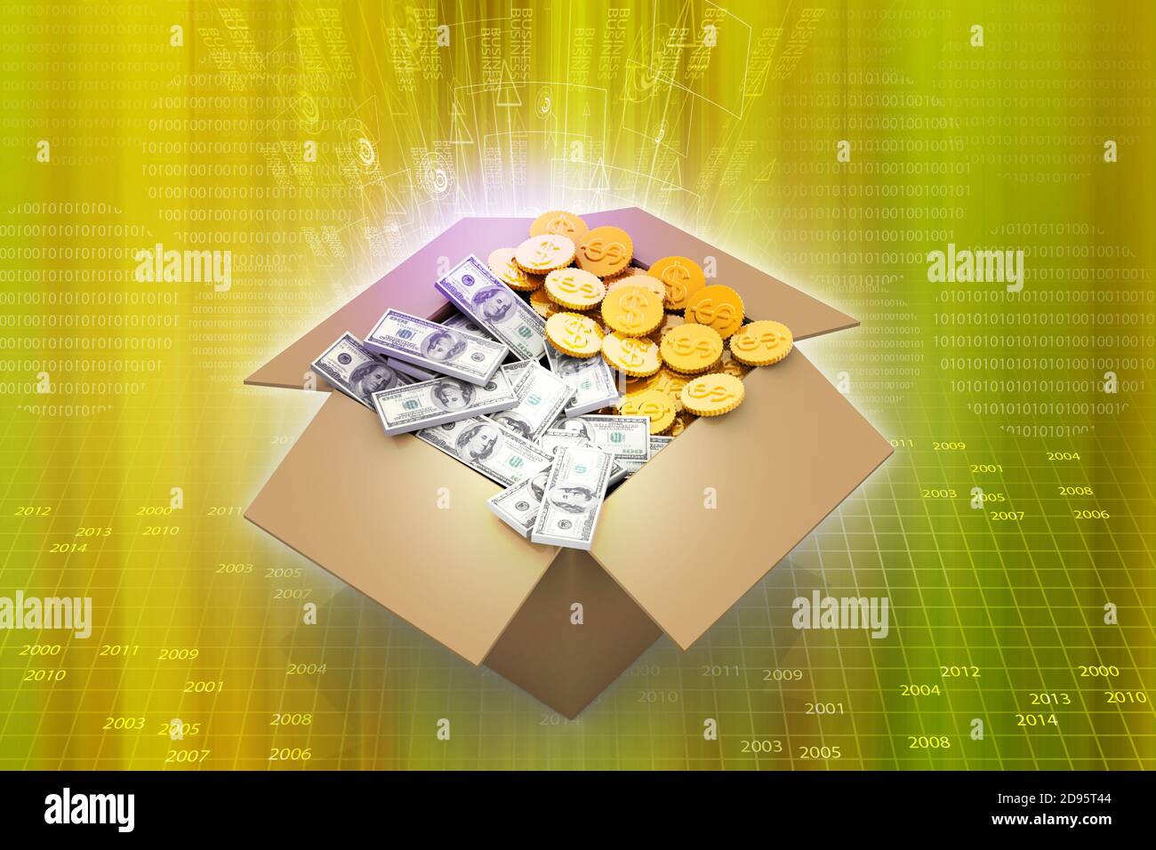 Open Cardboard box with money Stock Photo