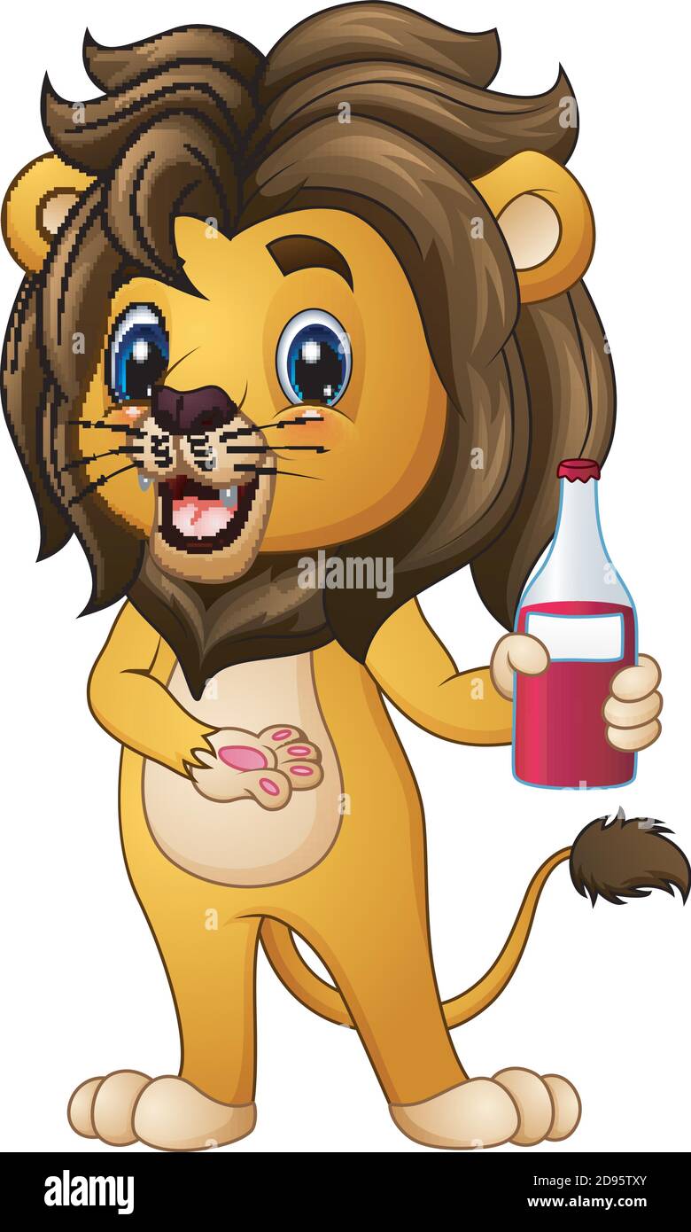 Vector illustration of Cartoon lion holding a drink bottle Stock Vector
