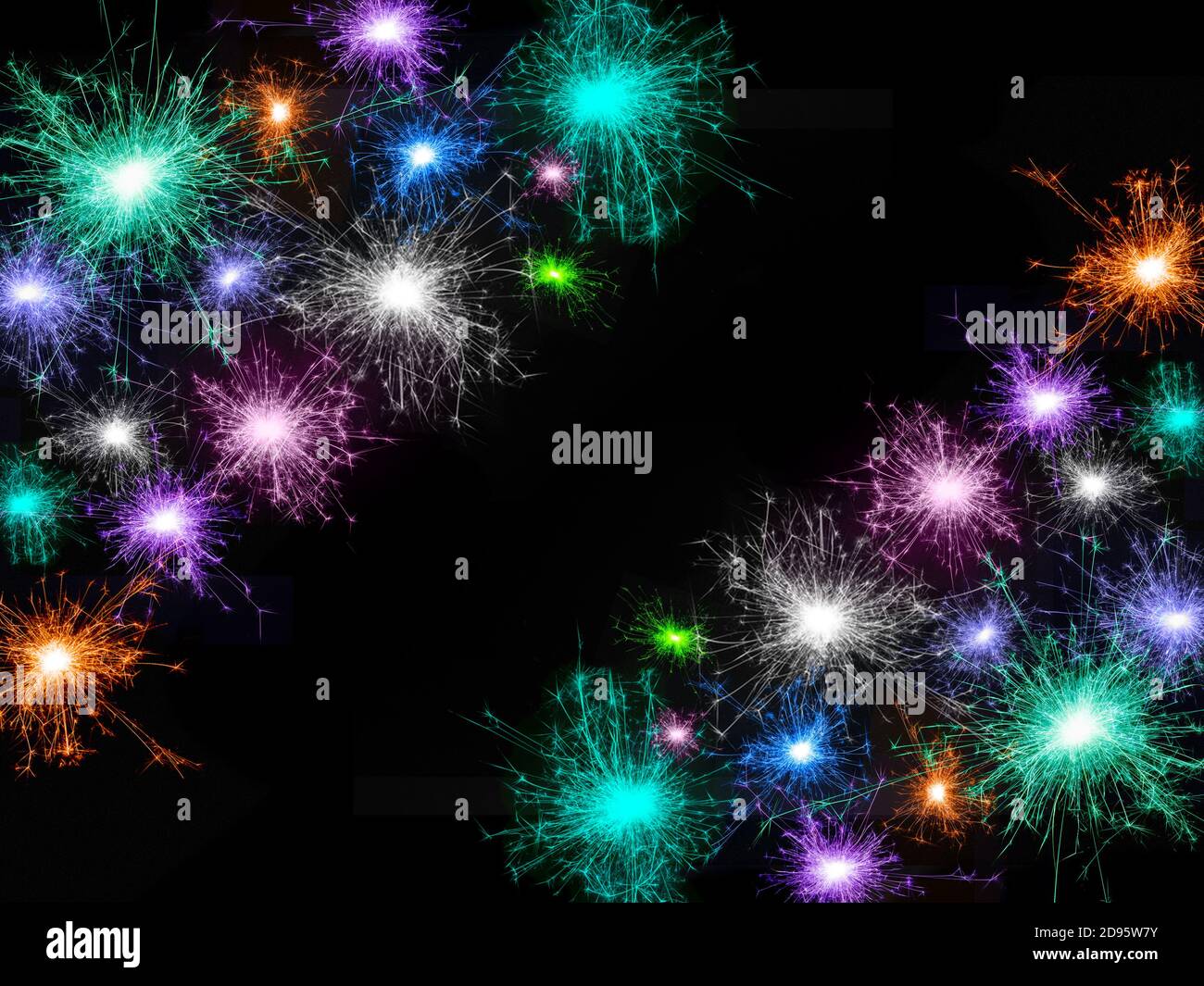 Frame of many multicolored fireworks isolated on black background. Copy space. Idea for decorating the holidays: Christmas, New Year, Anniversary, Ind Stock Photo