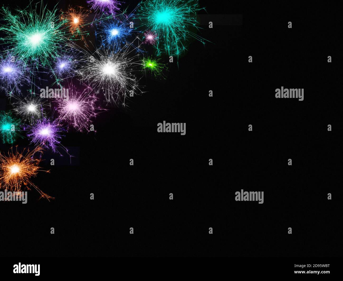 Wide angle Beautiful fireworks background. Frame of many multicolored fireworks isolated on black background Stock Photo