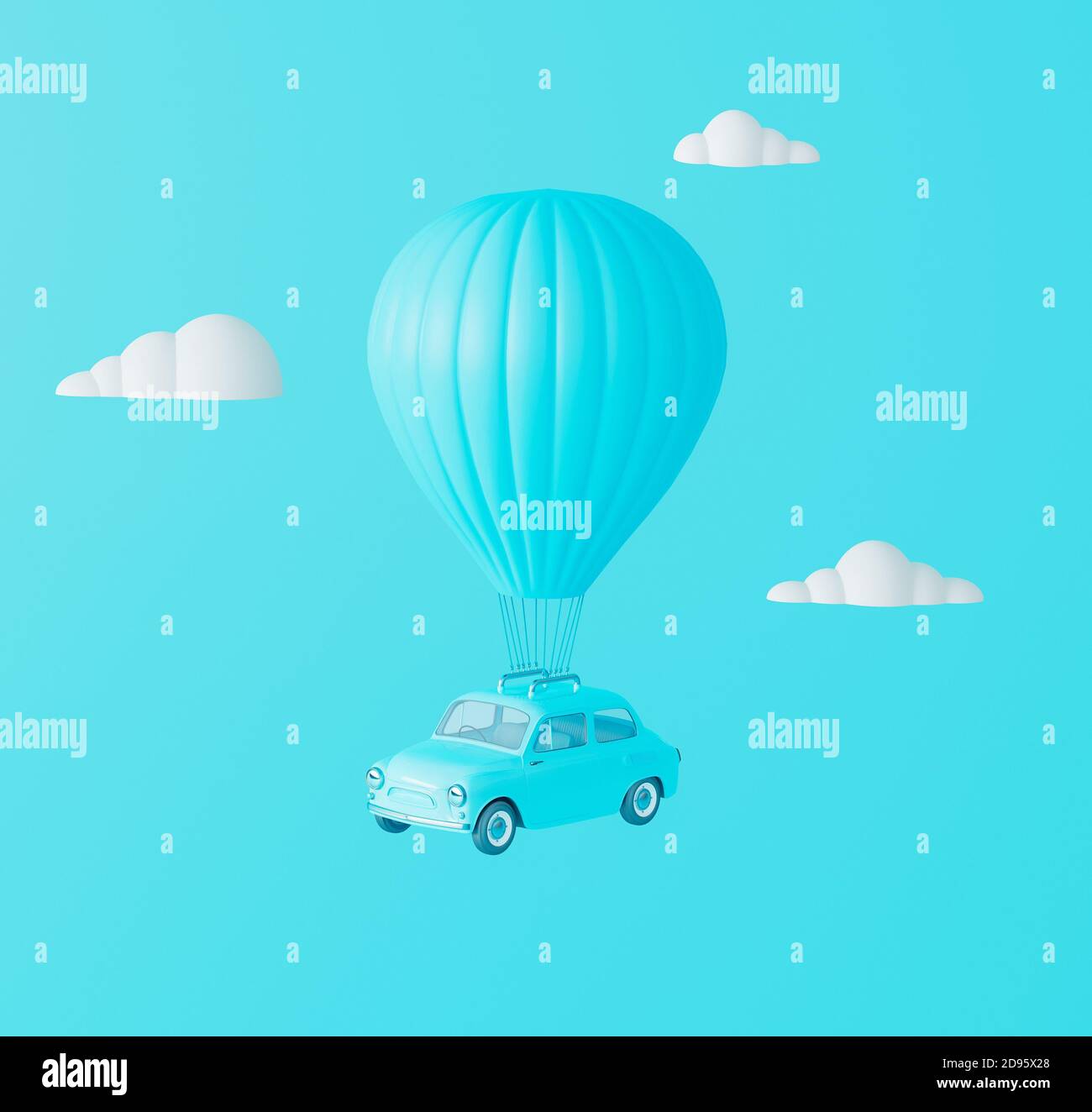Hot air balloon with car flies in the clouds. Dream Travel Concept on pastel blue background 3D render 3D illustration Stock Photo