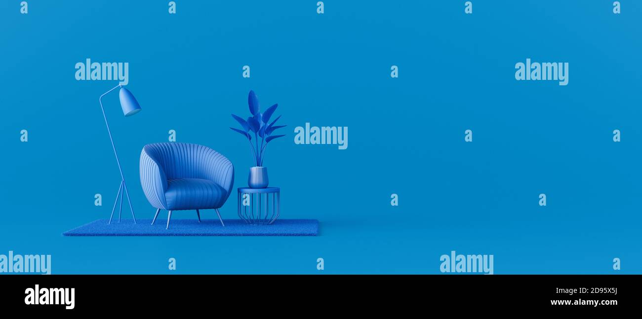 Creative interior design in blue studio with armchair. Minimal color concept. 3d render 3d illustration Stock Photo