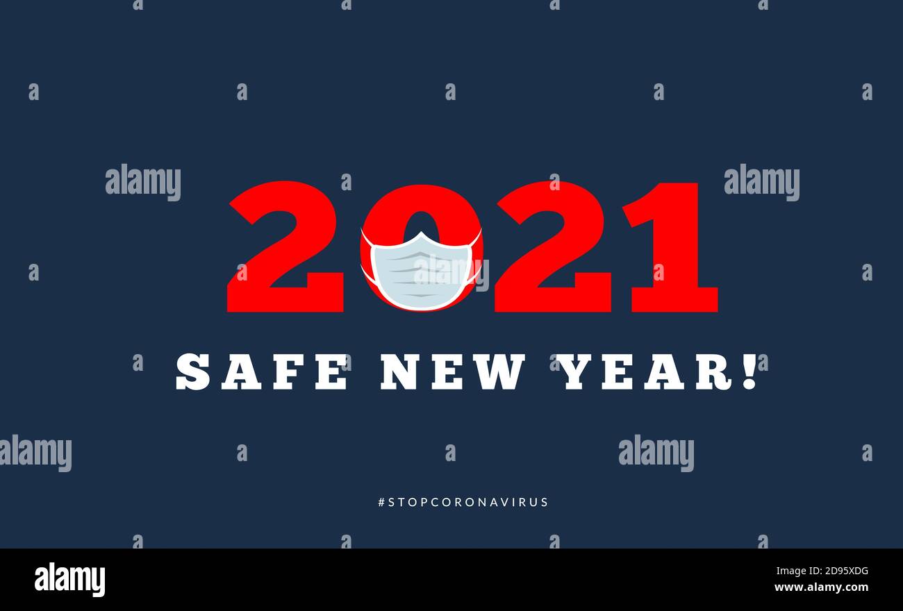 Happy new year 2021 with medical mask. Vector illsutration on dark blue