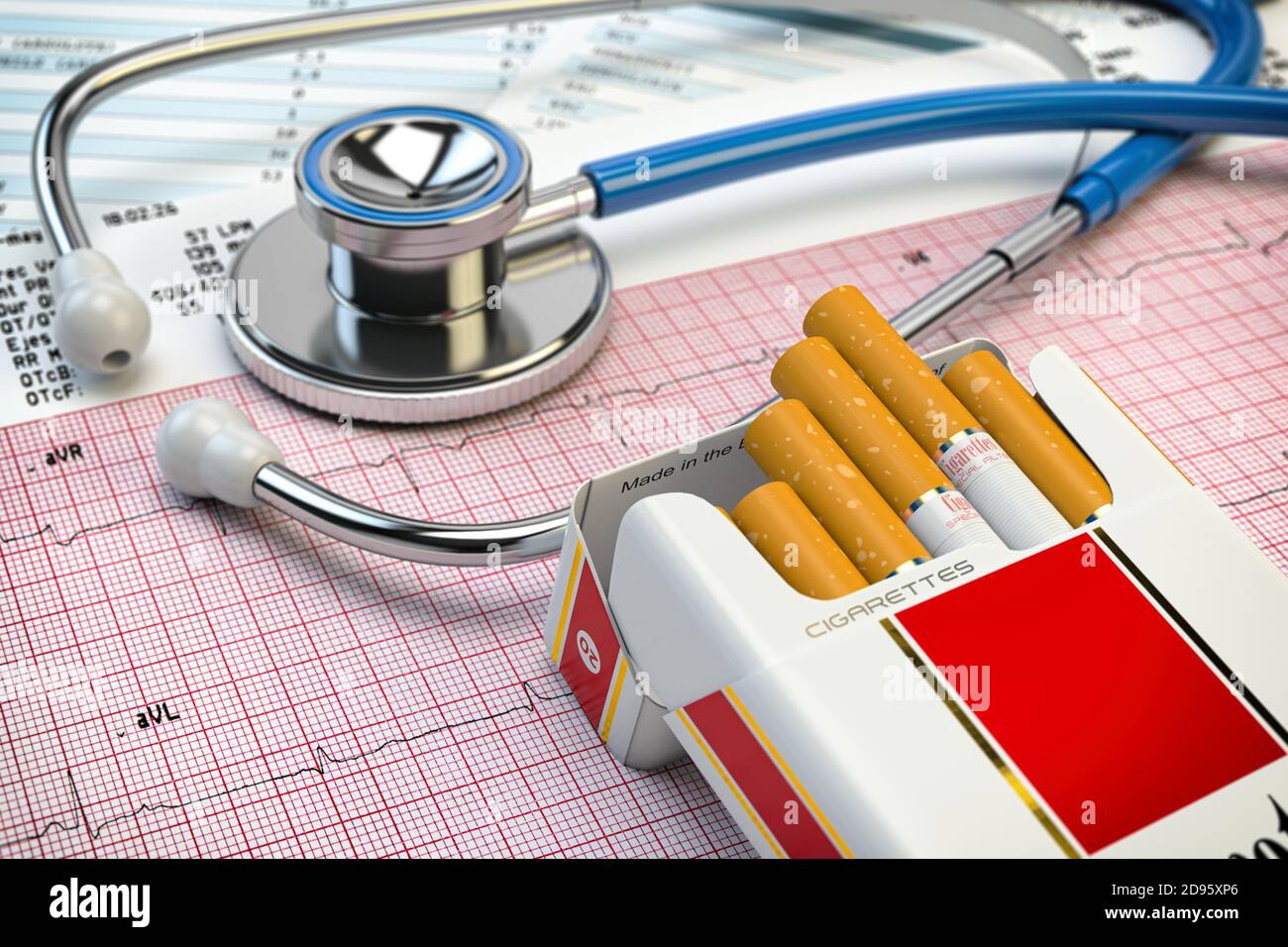 Stop smoking concept. Stethoscope, pack of cigarettes and