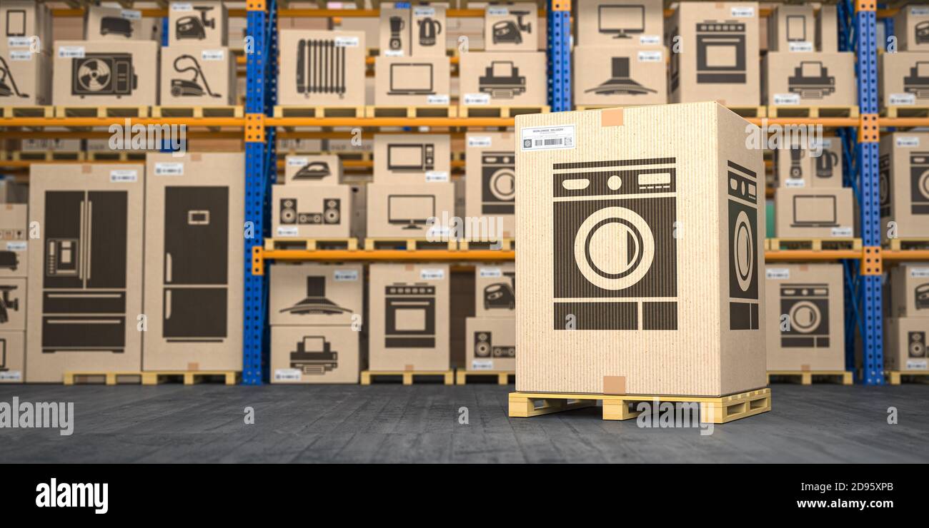 Washing machine in cardboard box in warehouse with household
