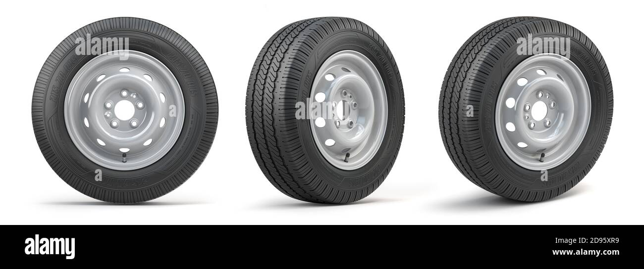 Set of car wheels with tyres for vans and trucks isolated on white