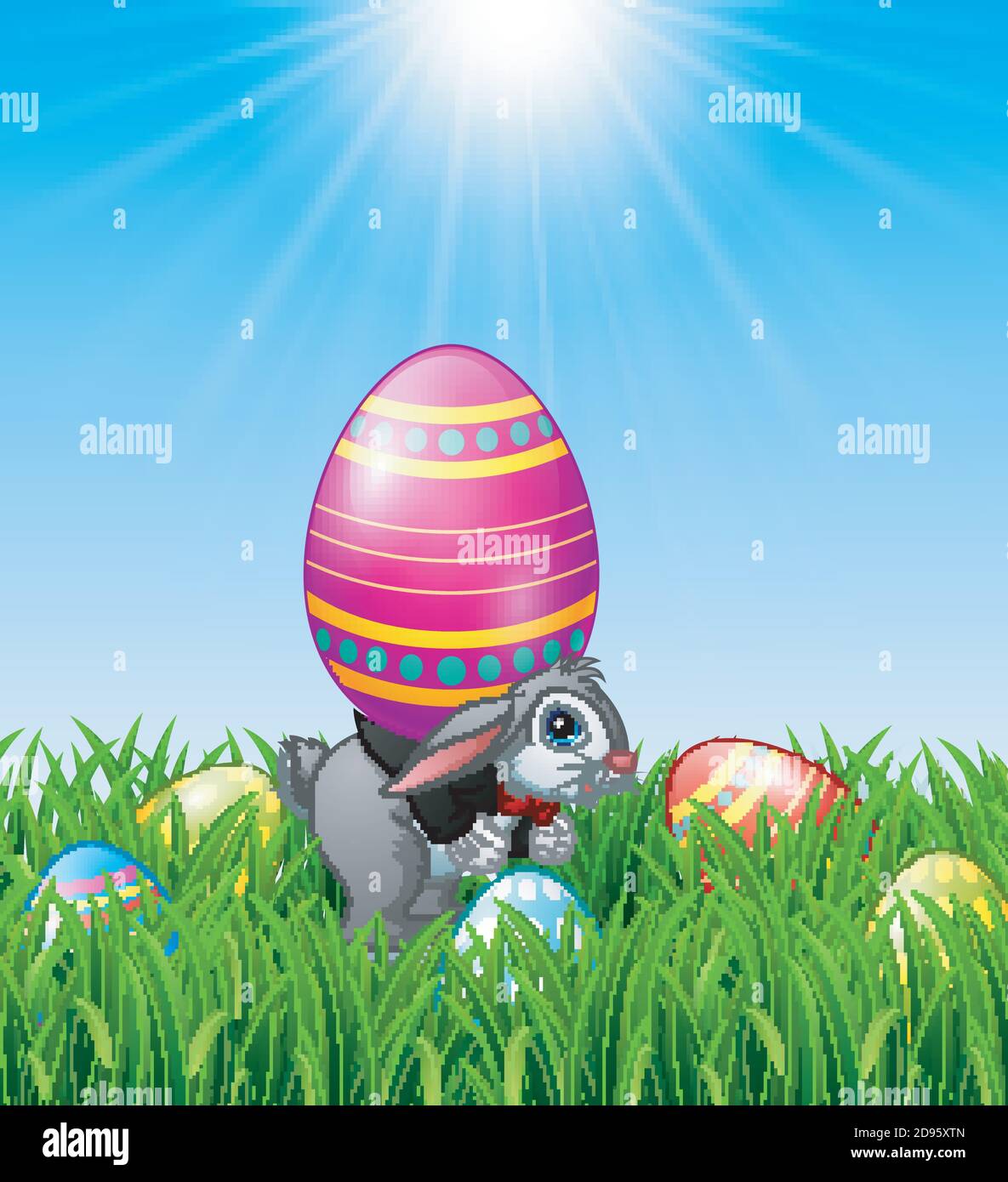 Cartoon easter bunny carrying easter eggs in the grass background Stock ...