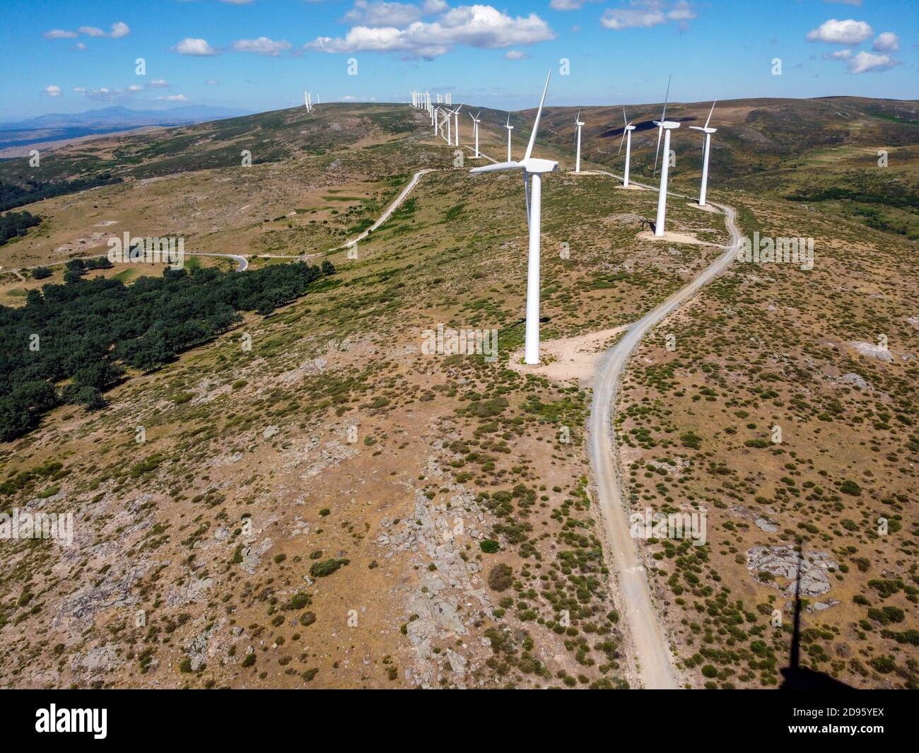 Aerial view of wind turbines for power generation. Concept eco clean energy production. Renewable energy. Stock Photo