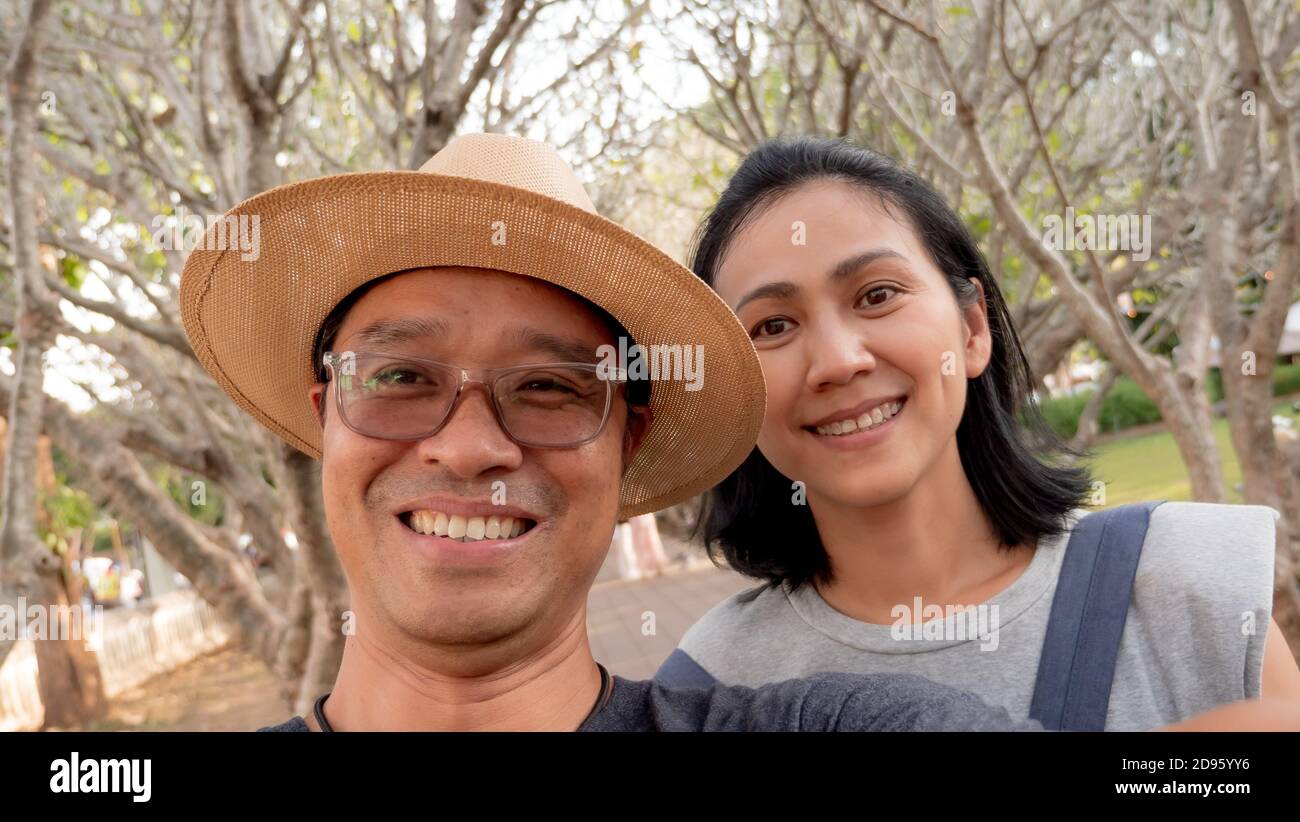 Asia couple selfie in the Nan Province Thailand Stock Photo